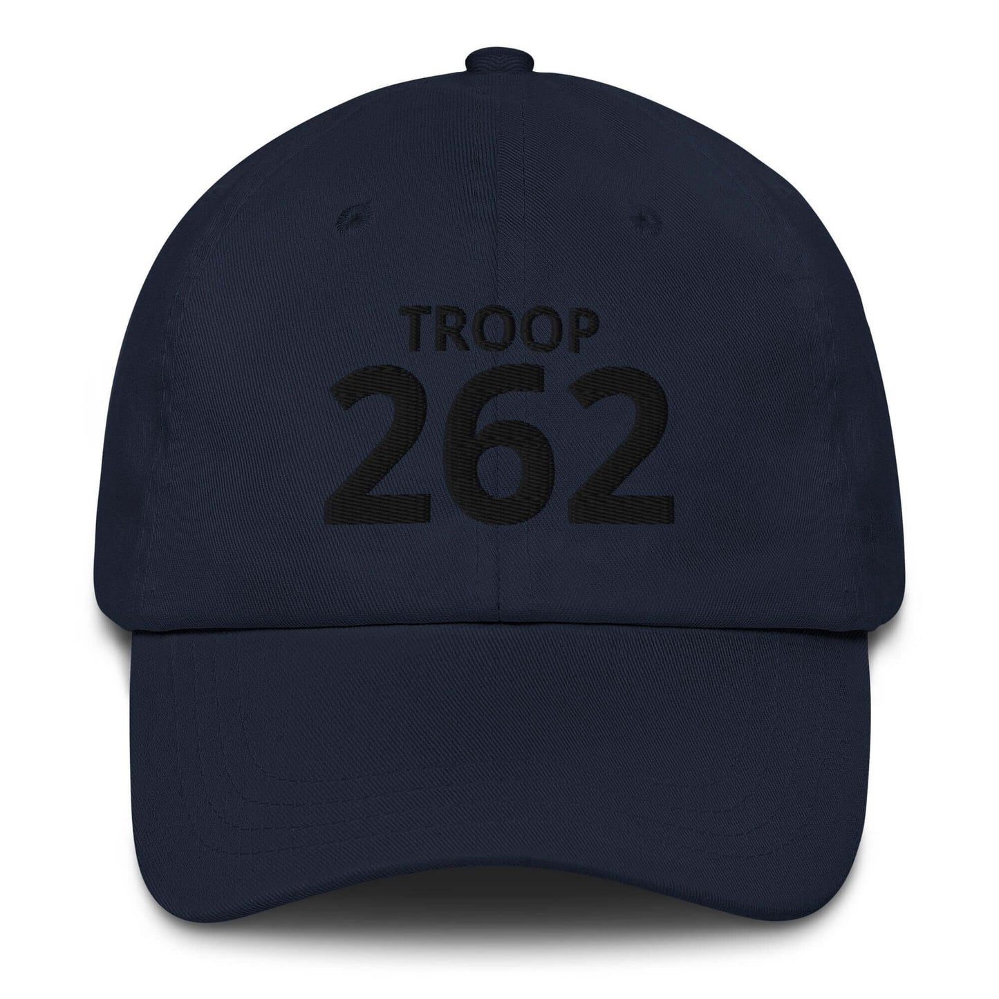 Navy dad hat with 'TROOP 262' embroidered in black, featuring a low profile and adjustable strap.