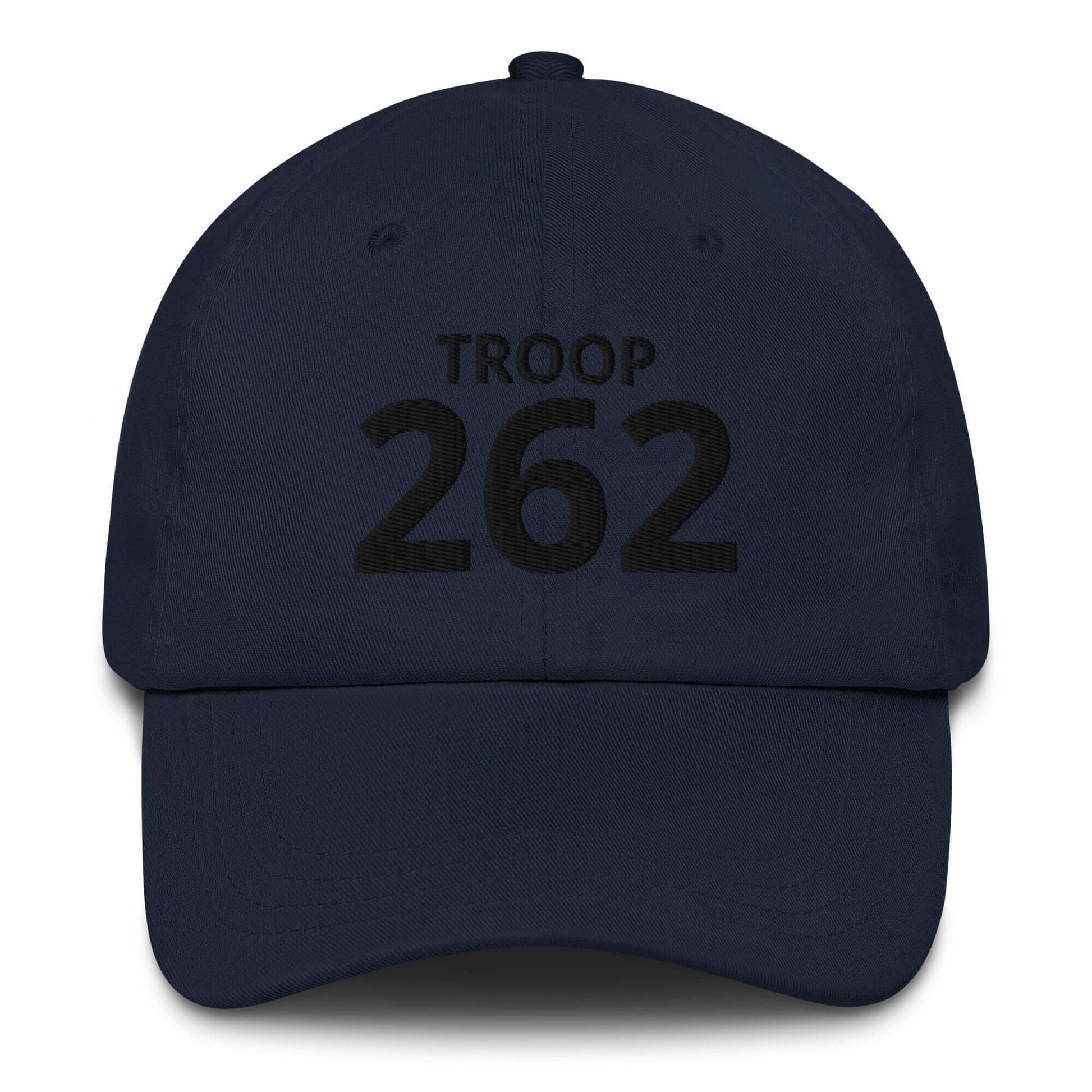 Navy dad hat with 'TROOP 262' embroidered in black, featuring a low profile and adjustable strap.