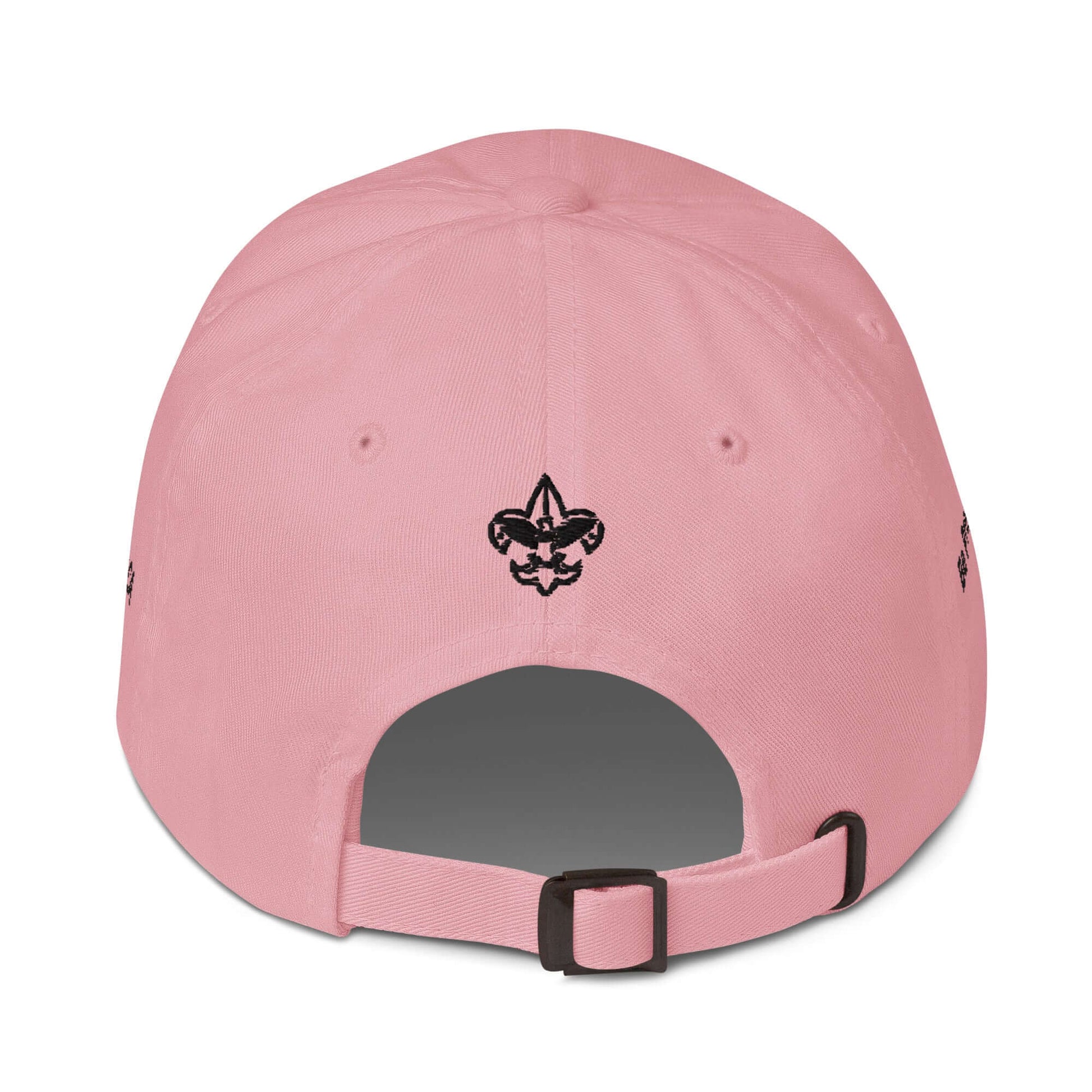 Back view of a pink hat featuring an embroidered design and adjustable strap.