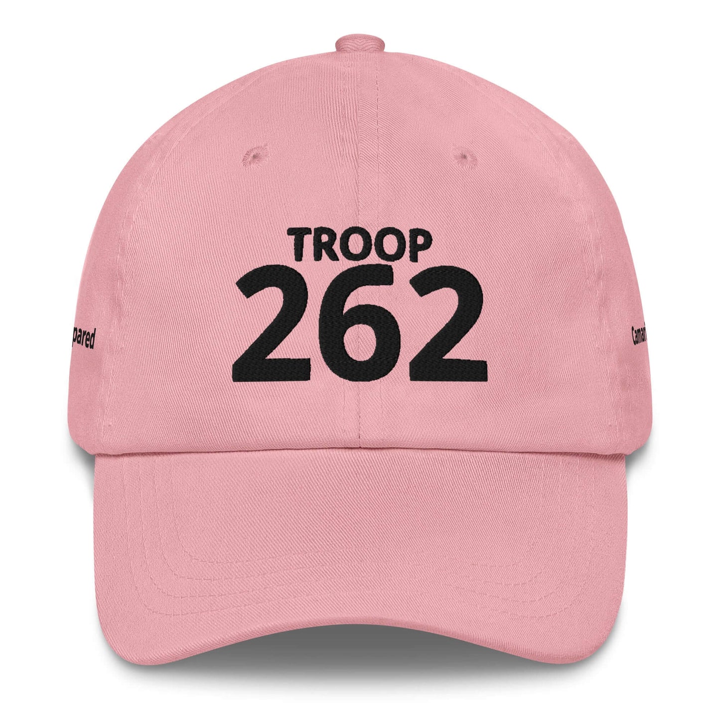 Pink cap with "TROOP 262" text in bold black letters, featuring an adjustable strap and curved visor.