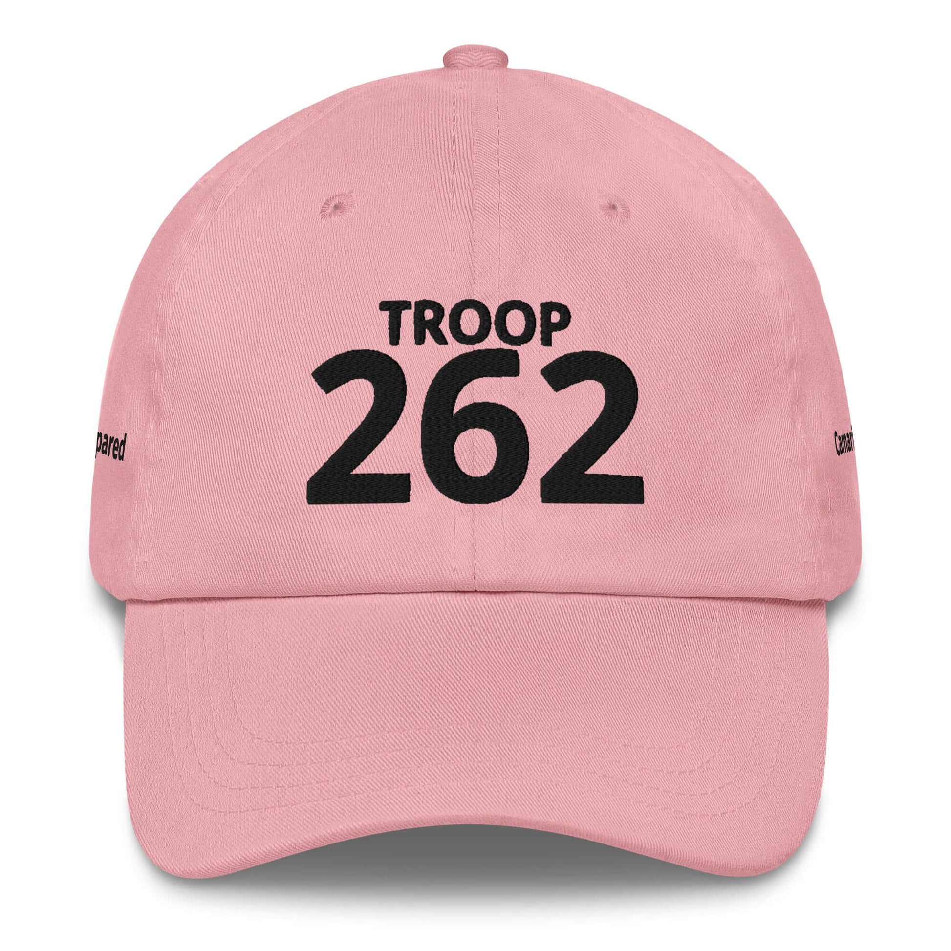 Pink cap with "TROOP 262" text in bold black letters, featuring an adjustable strap and curved visor.