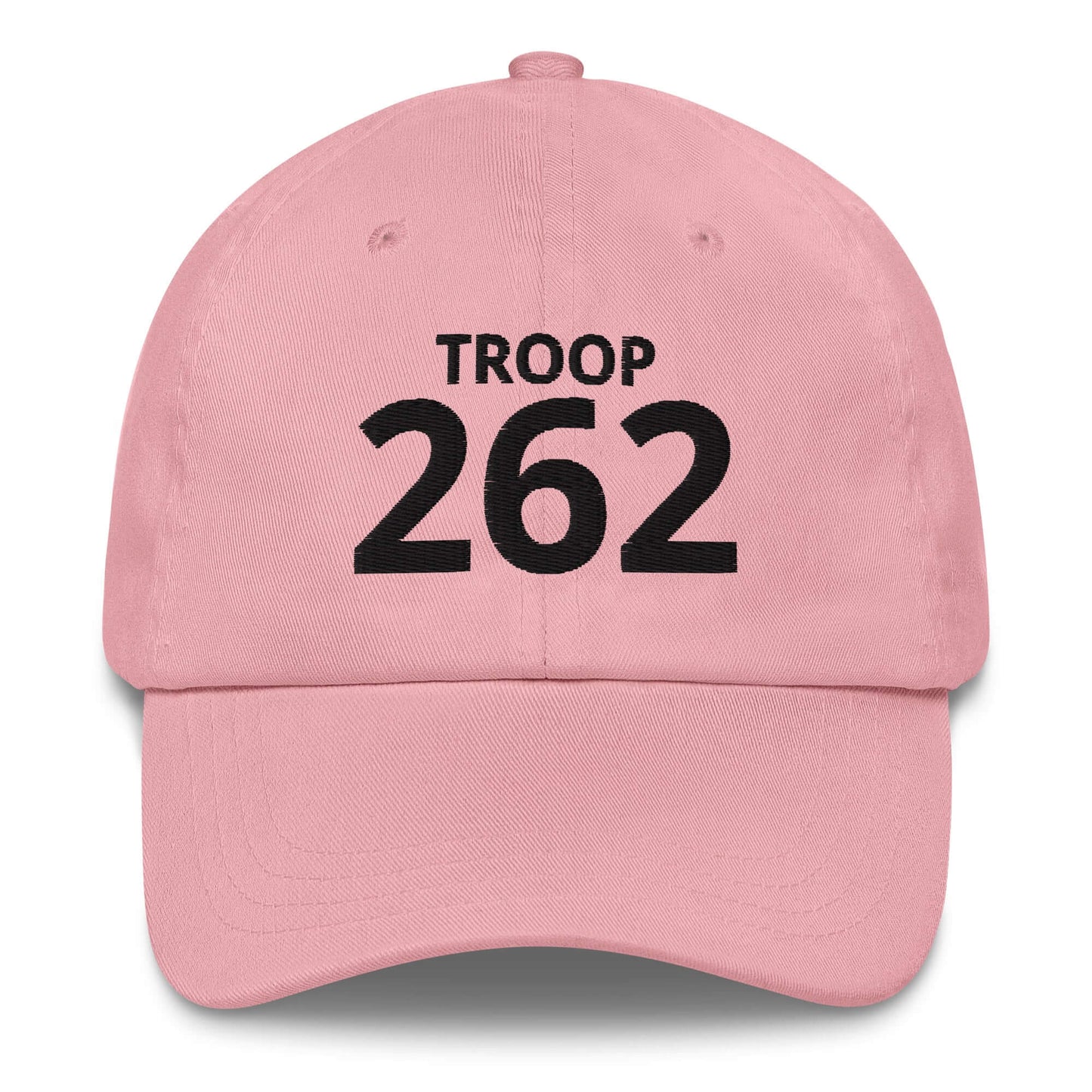 Pink dad hat with black text 'TROOP 262', featuring a low-profile design and adjustable strap.