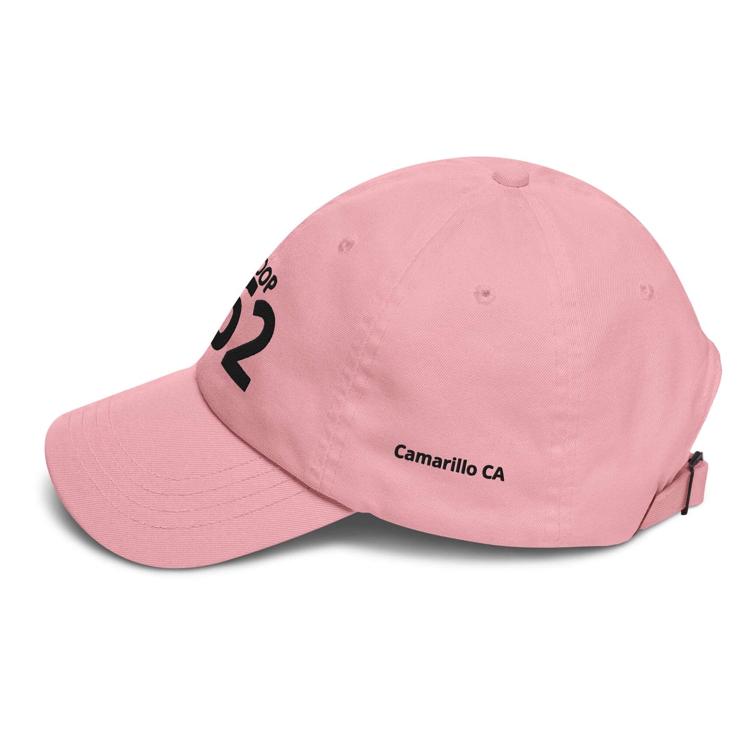 Pink low-profile cap with adjustable strap, featuring "Camarillo CA" and a curved visor design.