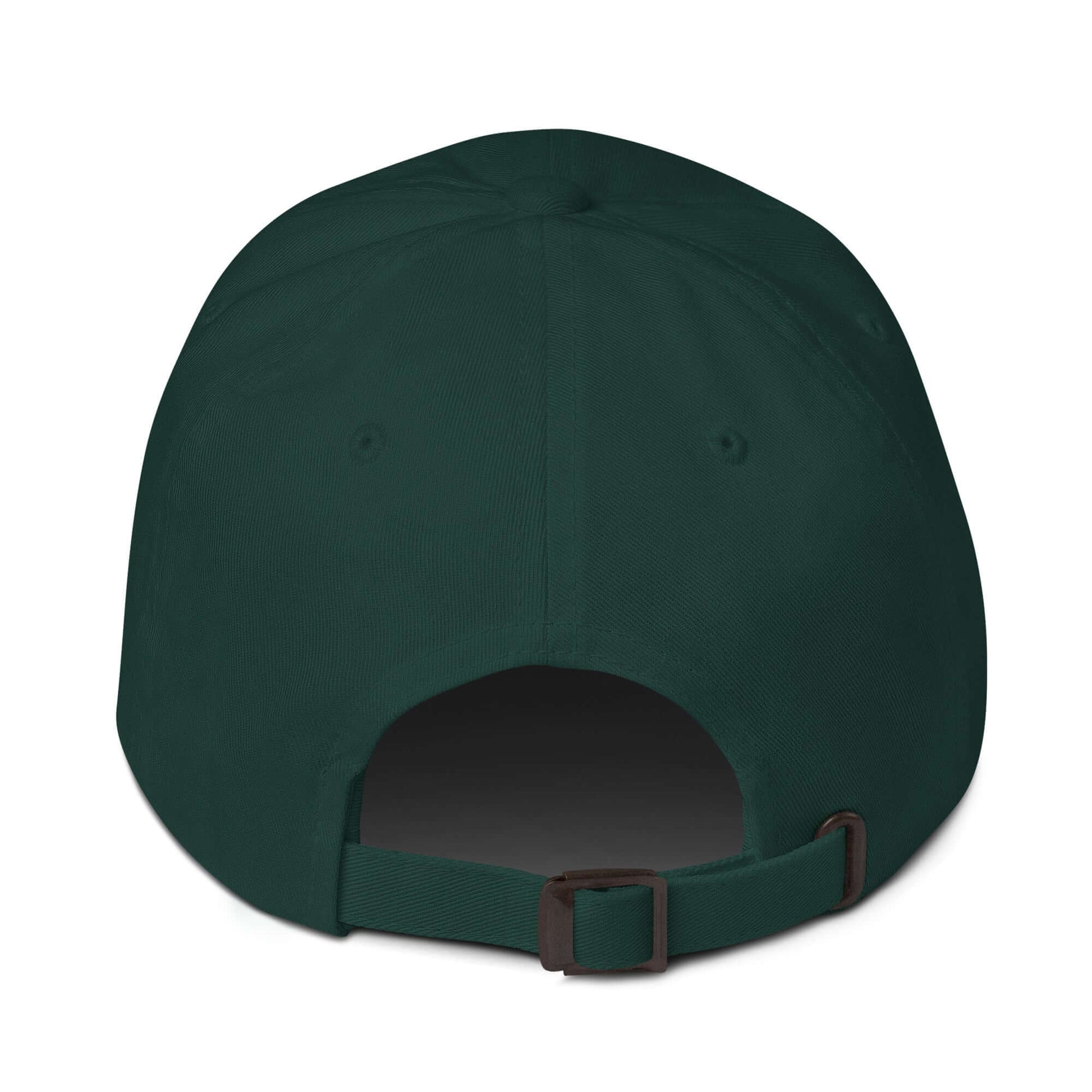 Back view of the Elegantly Inspired Hat in dark green, featuring an adjustable strap for comfort and style.