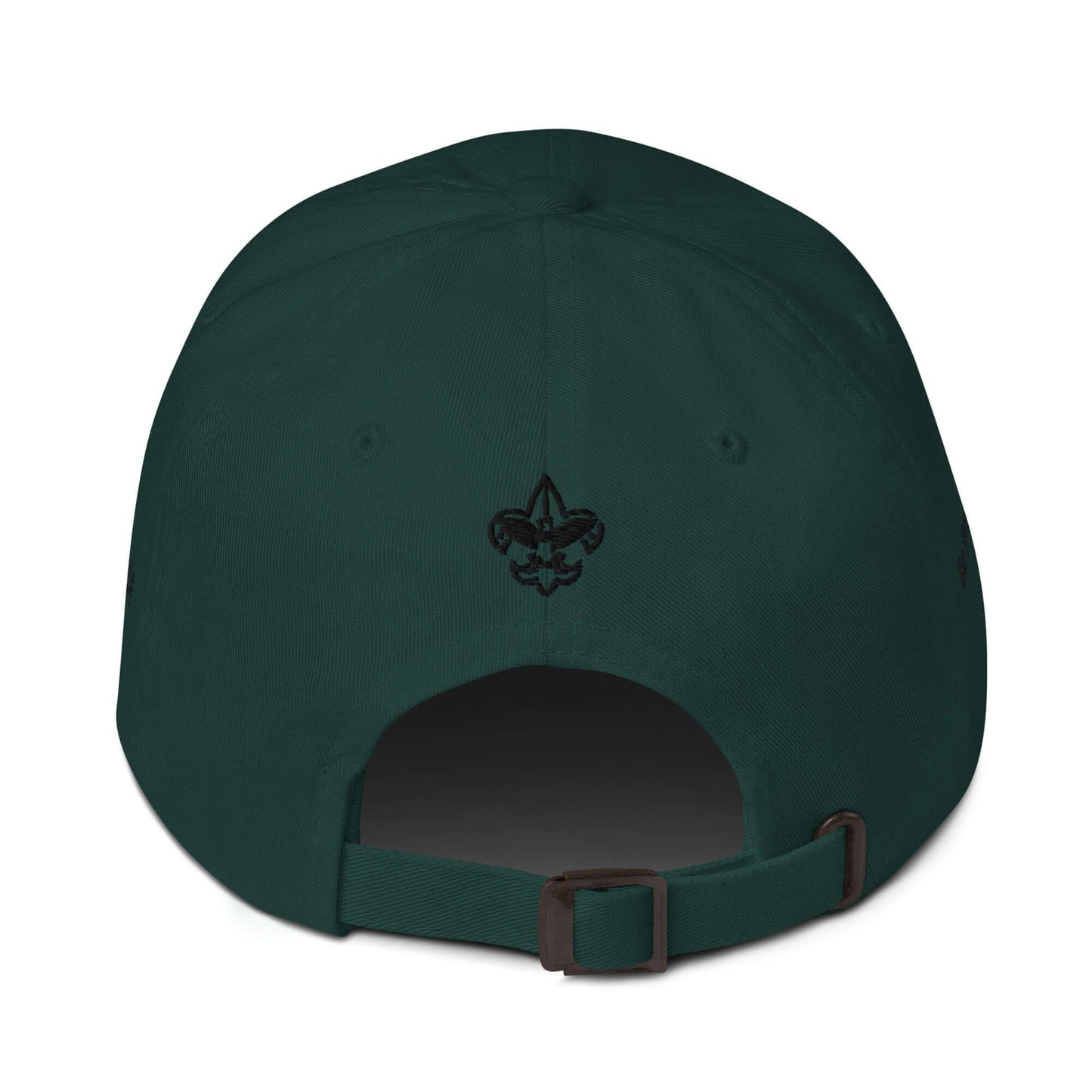 Back view of a green camo hat featuring an adjustable strap and embroidered logo.