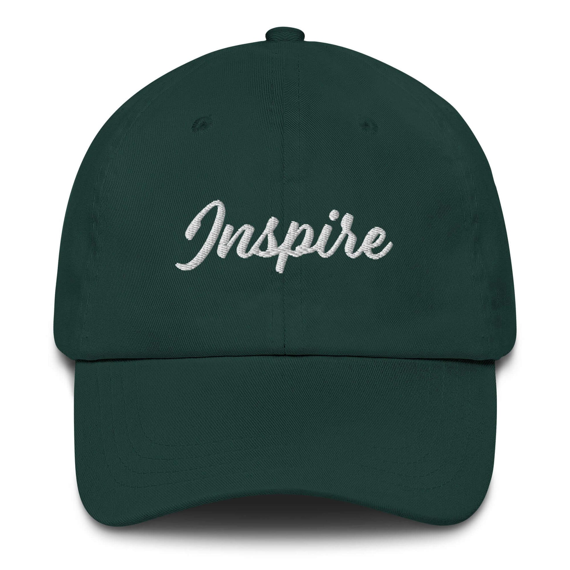 Elegant green hat with the word "Inspire" embroidered in stylish script.