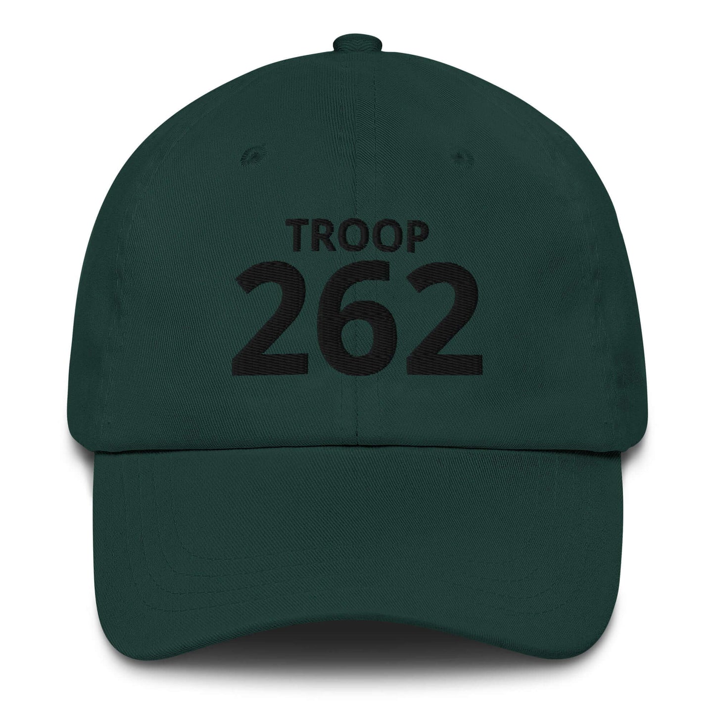 Green dad hat with 'TROOP 262' embroidered on the front, featuring a curved visor and adjustable strap.