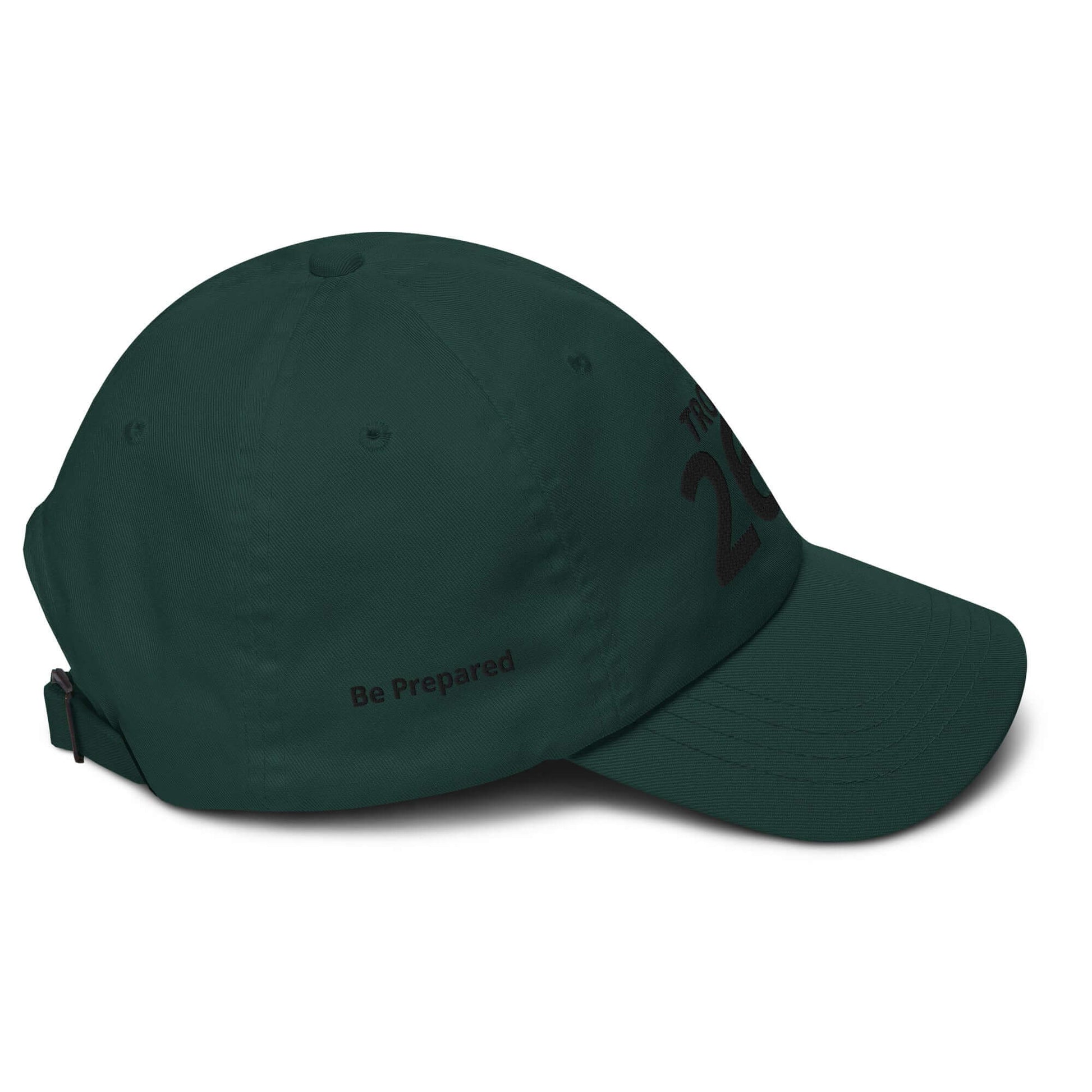 Green camo low-profile hat with adjustable strap and curved visor, featuring "Be Prepared" text.