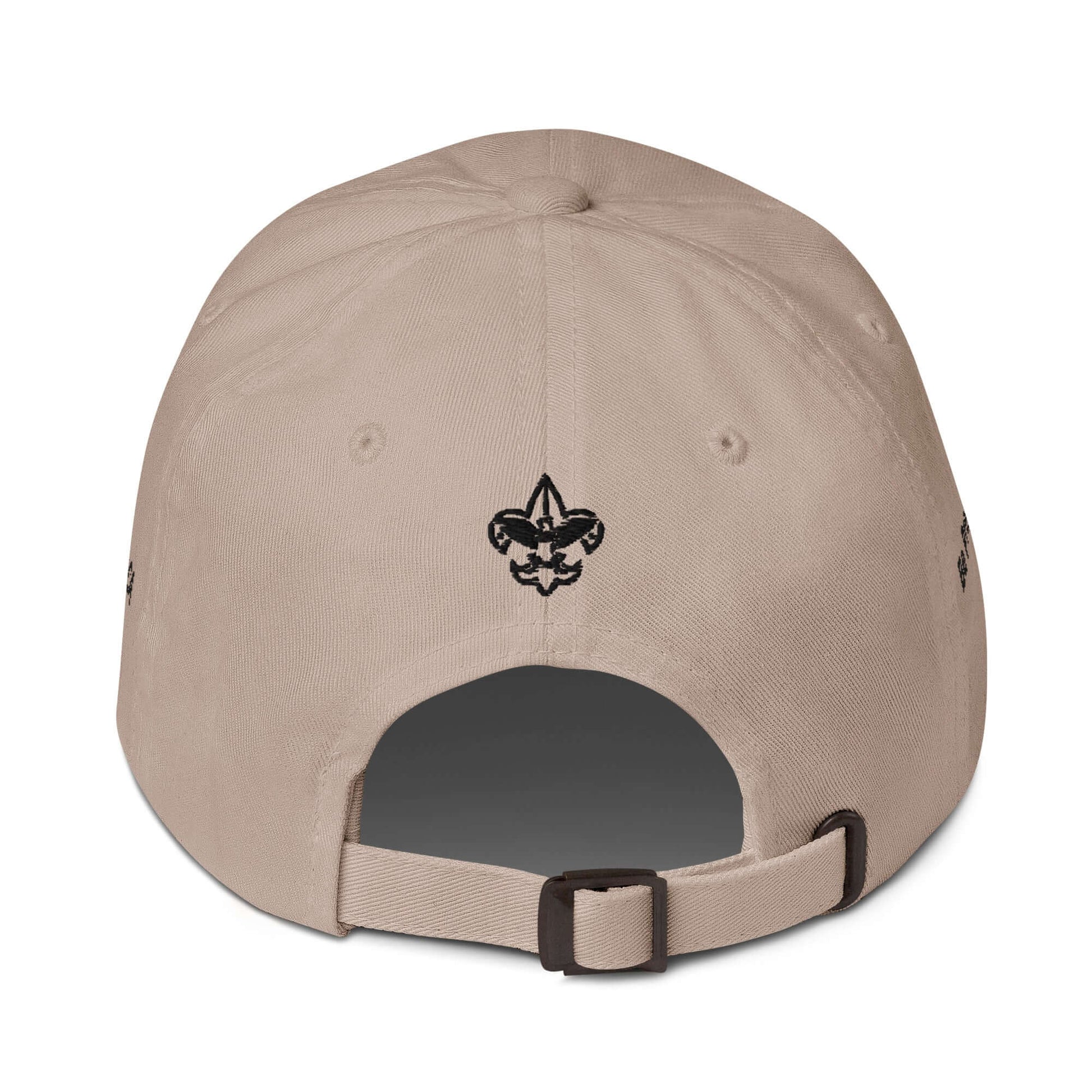 Back view of beige low-profile hat with adjustable strap and embroidered design.