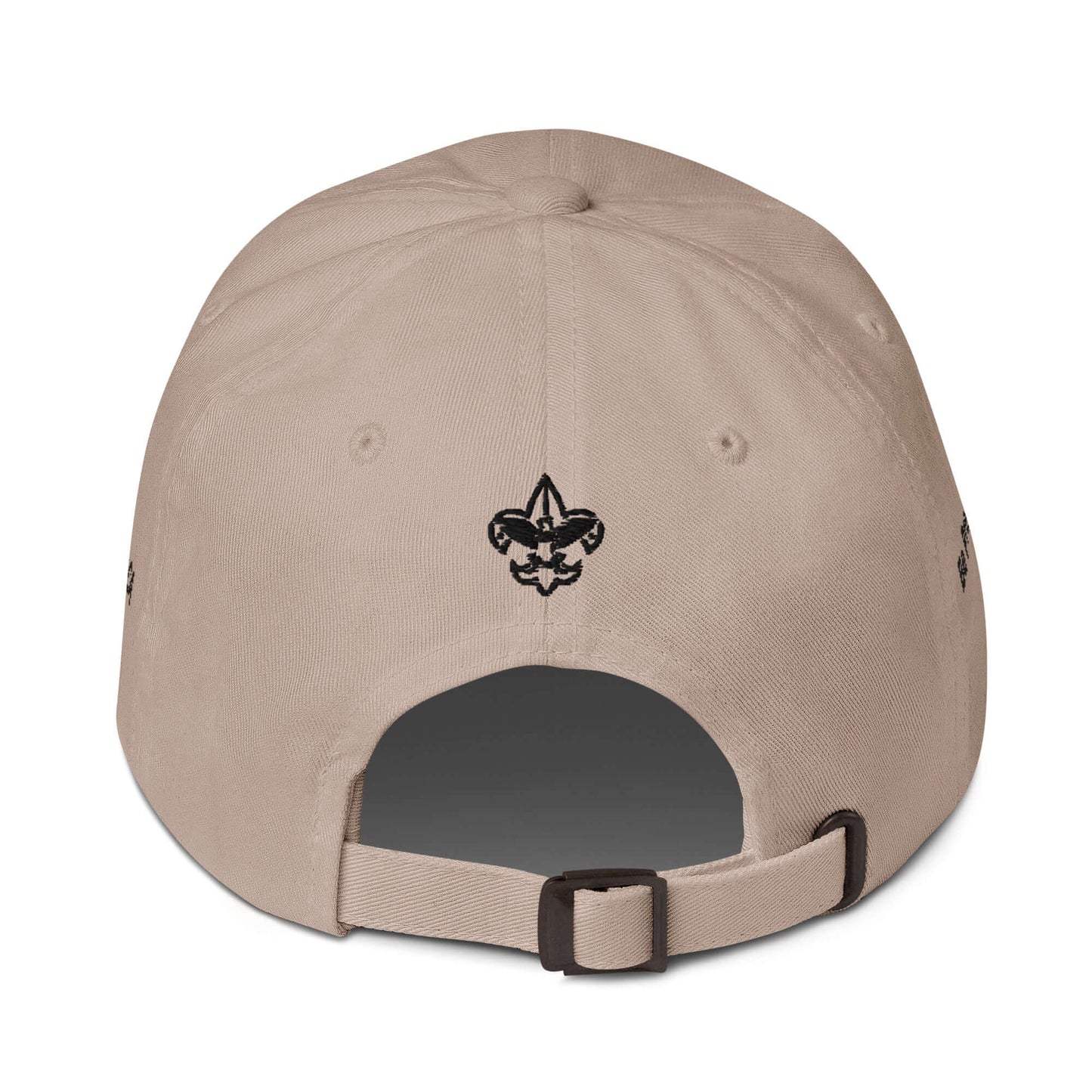 Back view of a beige low-profile hat with an adjustable strap and embroidered design.