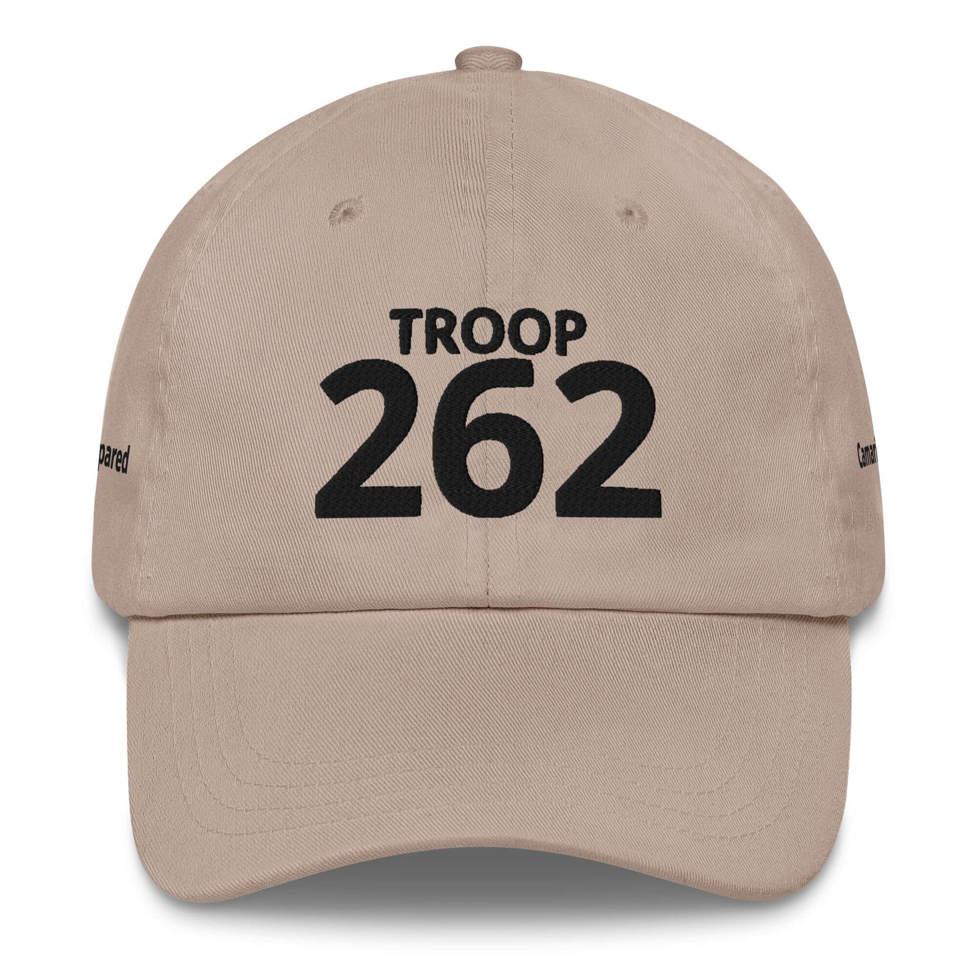 Beige cap with "TROOP 262" embroidered in bold black letters on the front, featuring an adjustable strap.