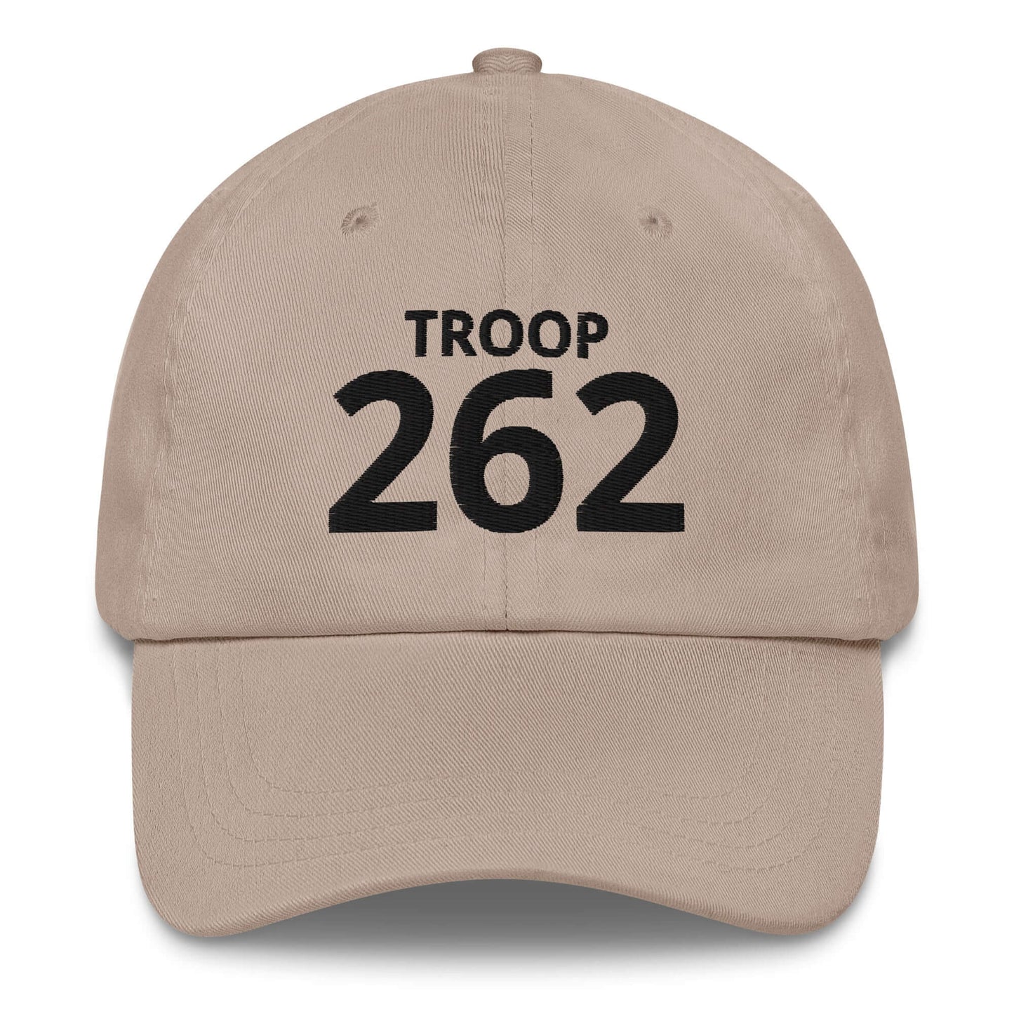 Beige Dad hat with black embroidered text 'TROOP 262' on the front, featuring a curved visor and adjustable strap.