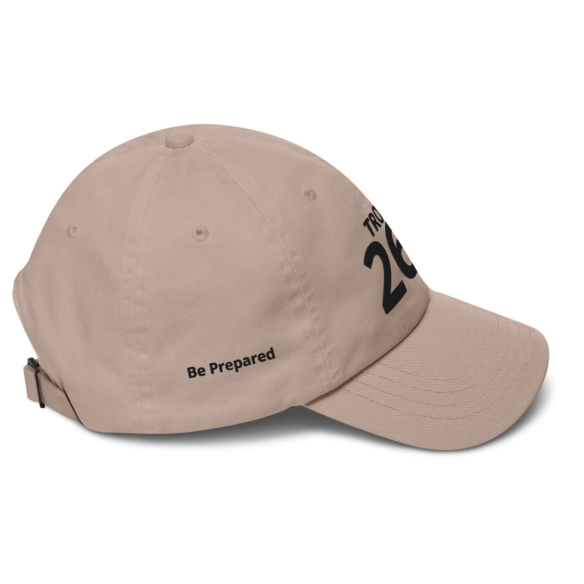 Beige low-profile hat with adjustable strap and "Be Prepared" text, featuring a curved visor and embroidered eyelets.