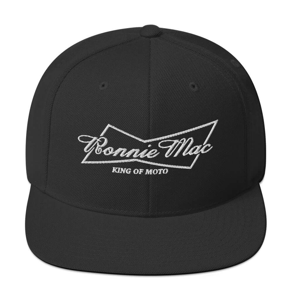 Black Ronnie Mac King of Moto embroidered snapback hat with flat brim and structured fit.