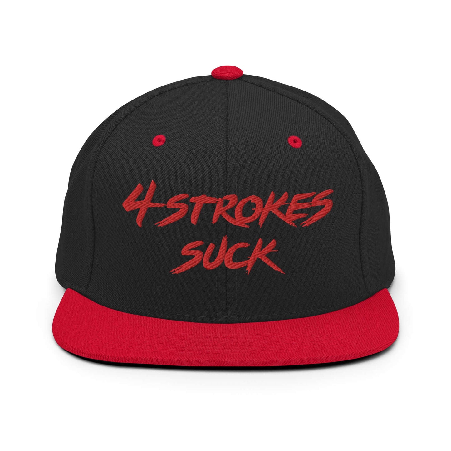 Black and red snapback hat with "4-Strokes Suck" embroidered in bold red letters, celebrating motocross culture and the spirit of Ronnie Mac.