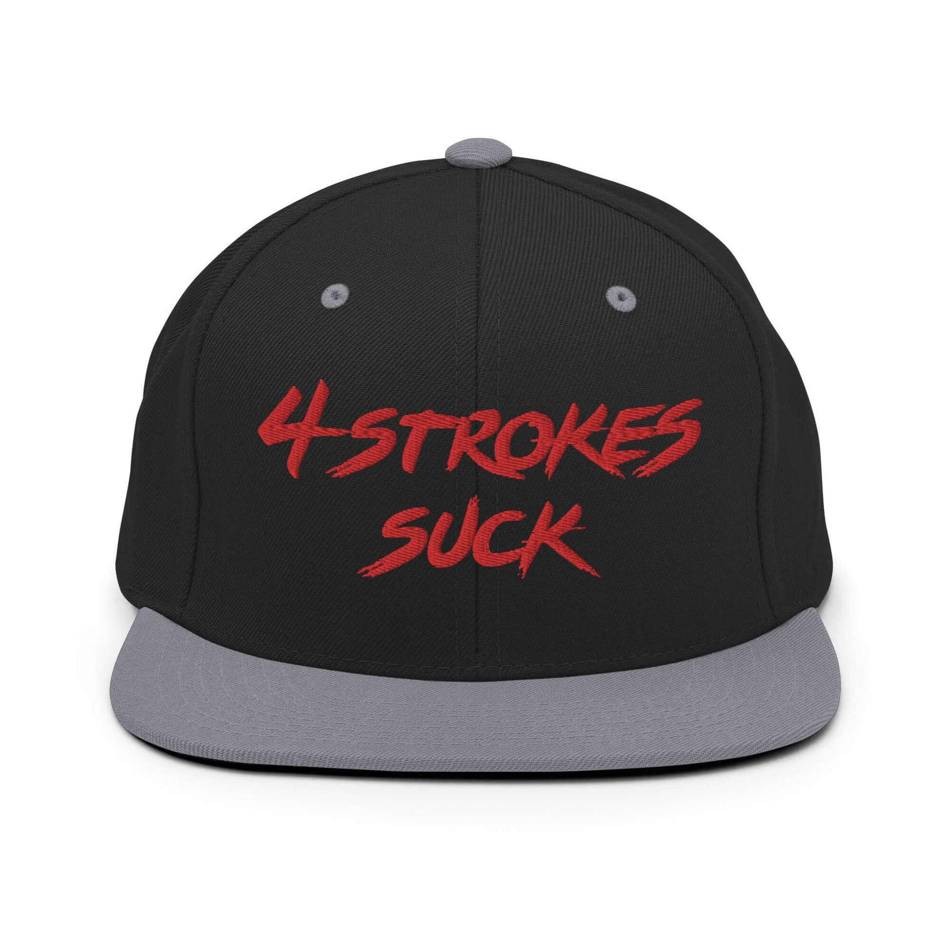 Black snapback hat with "4-Strokes Suck" embroidered in red text on the front panel.