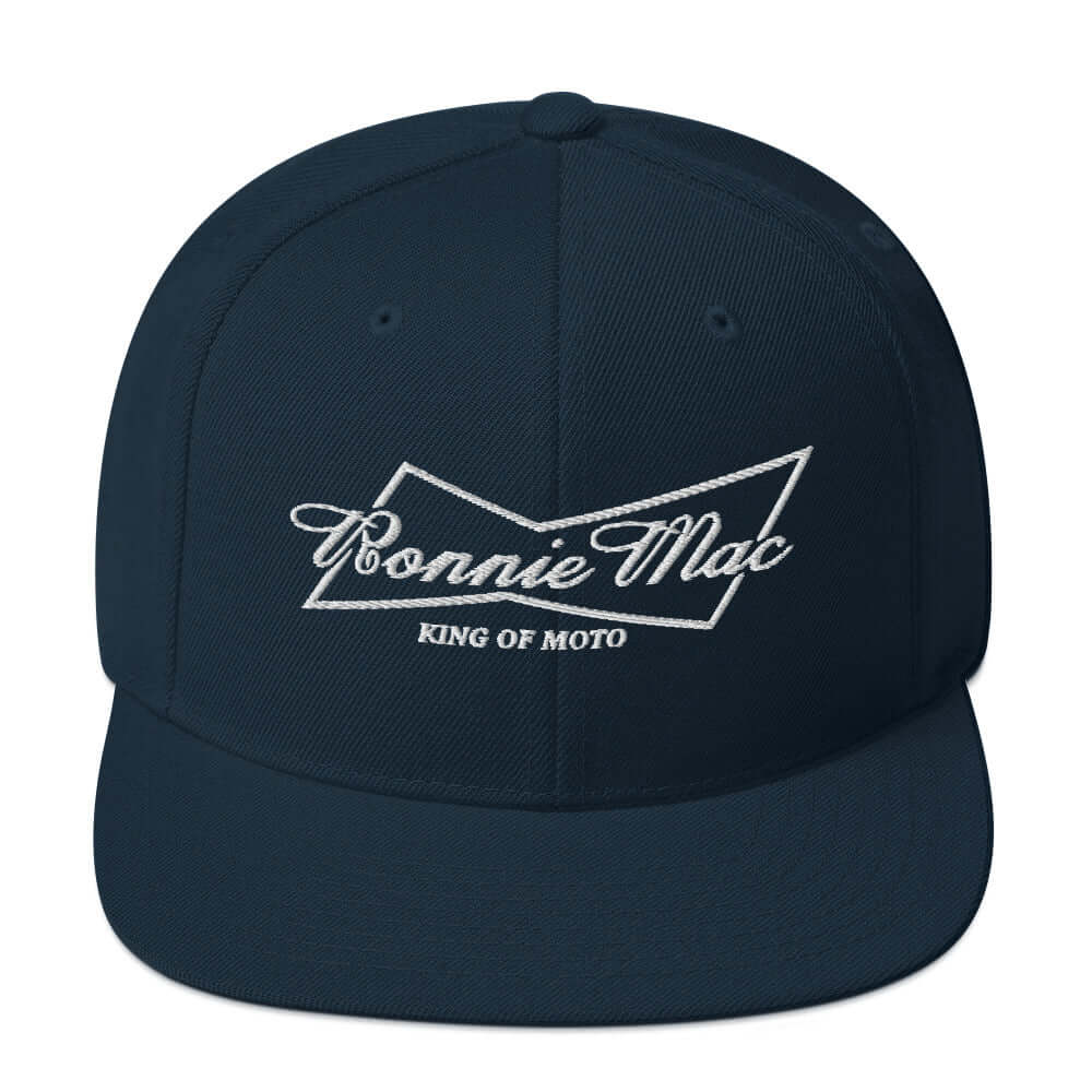 front of Ronnie Mac King of Moto Embroidered Snapback Hat (dark navy)