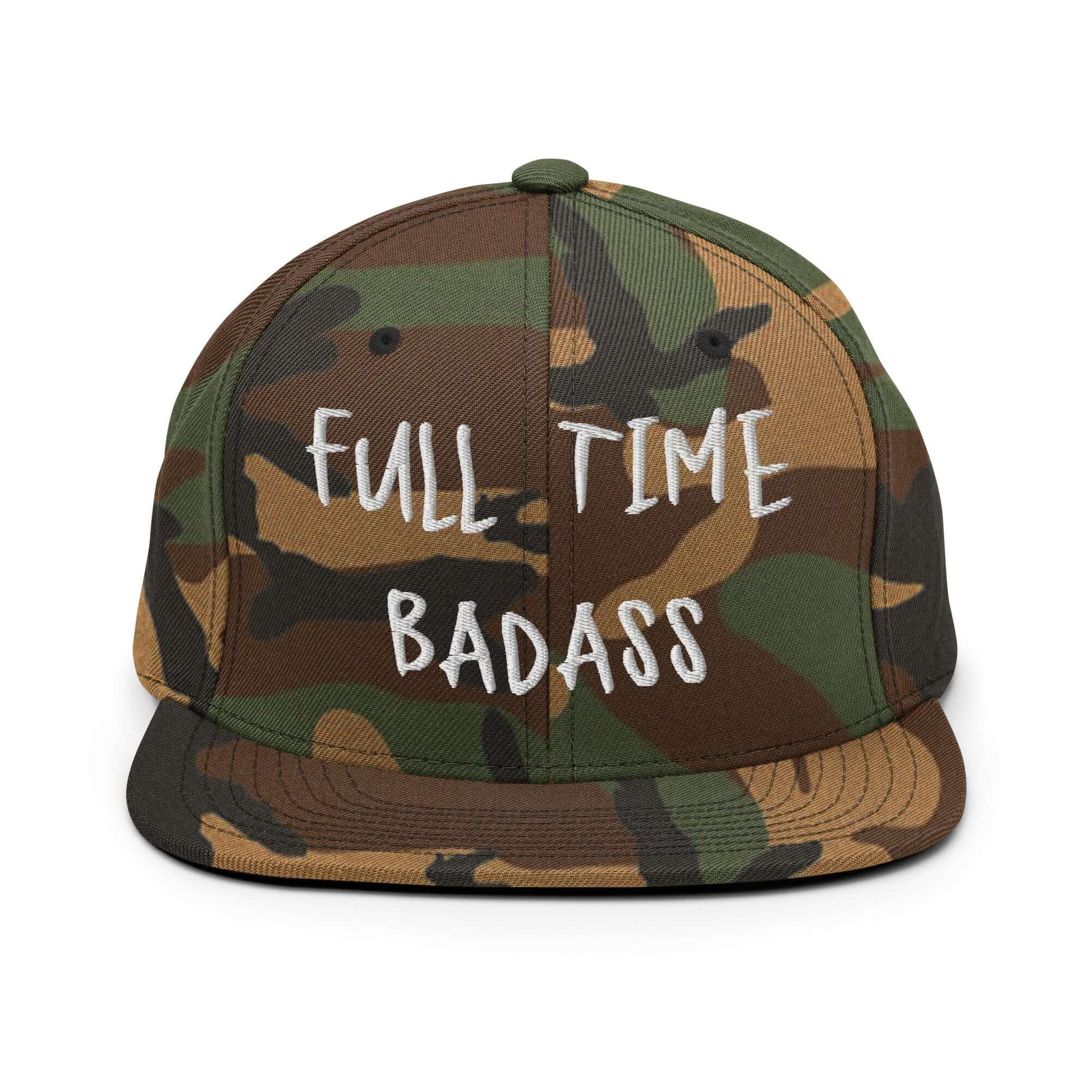 Front of RonnieMac Fulltime Badass Embroidered Snapback Hat (green camo) -2