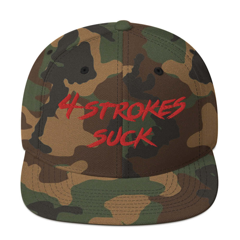 Camouflage snapback hat with red "4-Strokes Suck" embroidery, celebrating motocross and Ronnie Mac lifestyle.