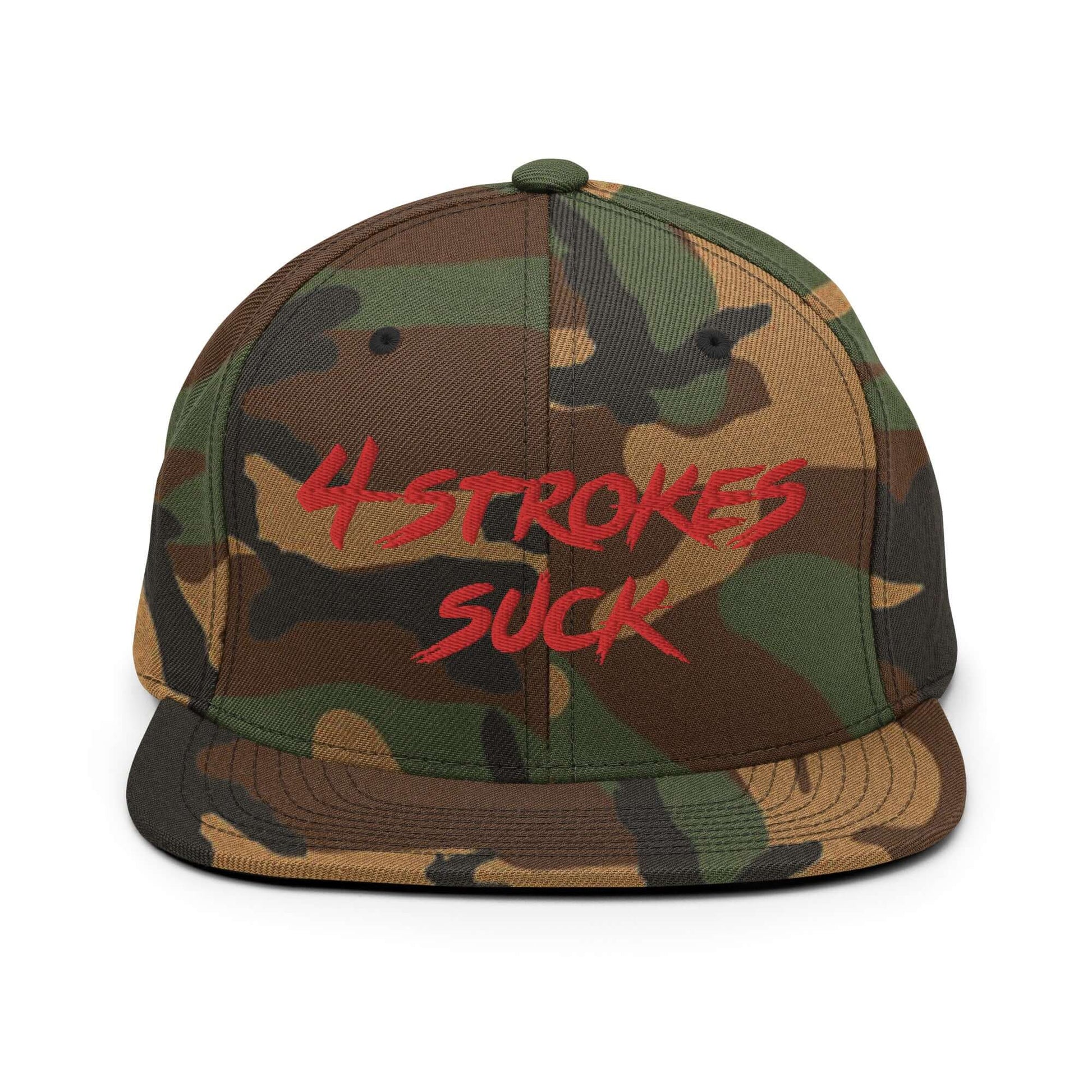 Camouflage snapback hat with red "4 Strokes Suck" embroidery, celebrating motocross culture and the spirit of 2-strokes.