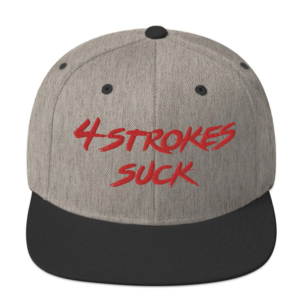 "4-Strokes Suck embroidered snapback hat with red lettering and black brim, inspired by motocross and Ronnie Mac lifestyle"