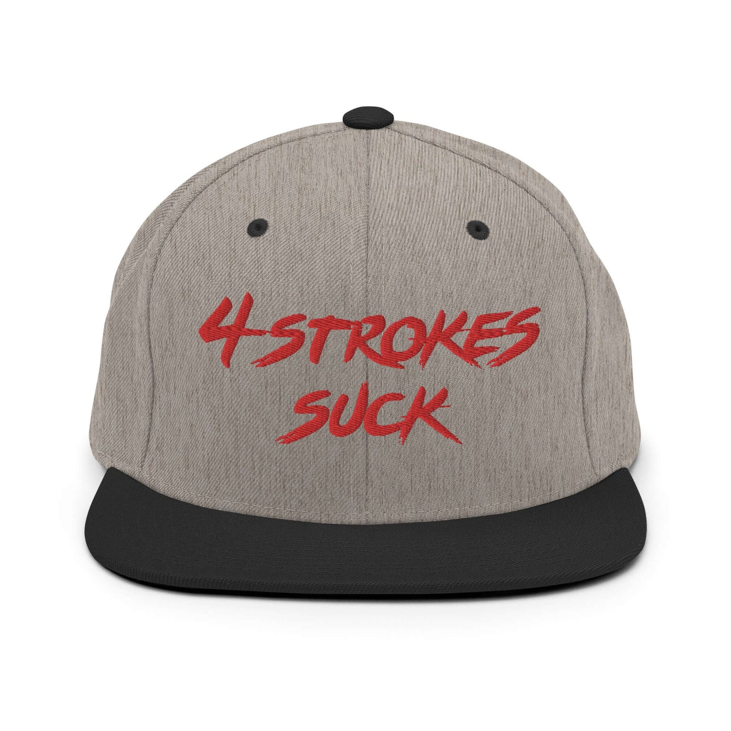 Embroidered snapback hat with "4 Strokes Suck" text in bold red, highlighting motocross lifestyle and rebellious spirit.