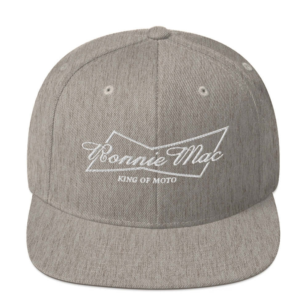 King of Moto Embroidered Snapback Hat with Ronnie Mac logo, flat brim, gray color, ideal for motocross enthusiasts.