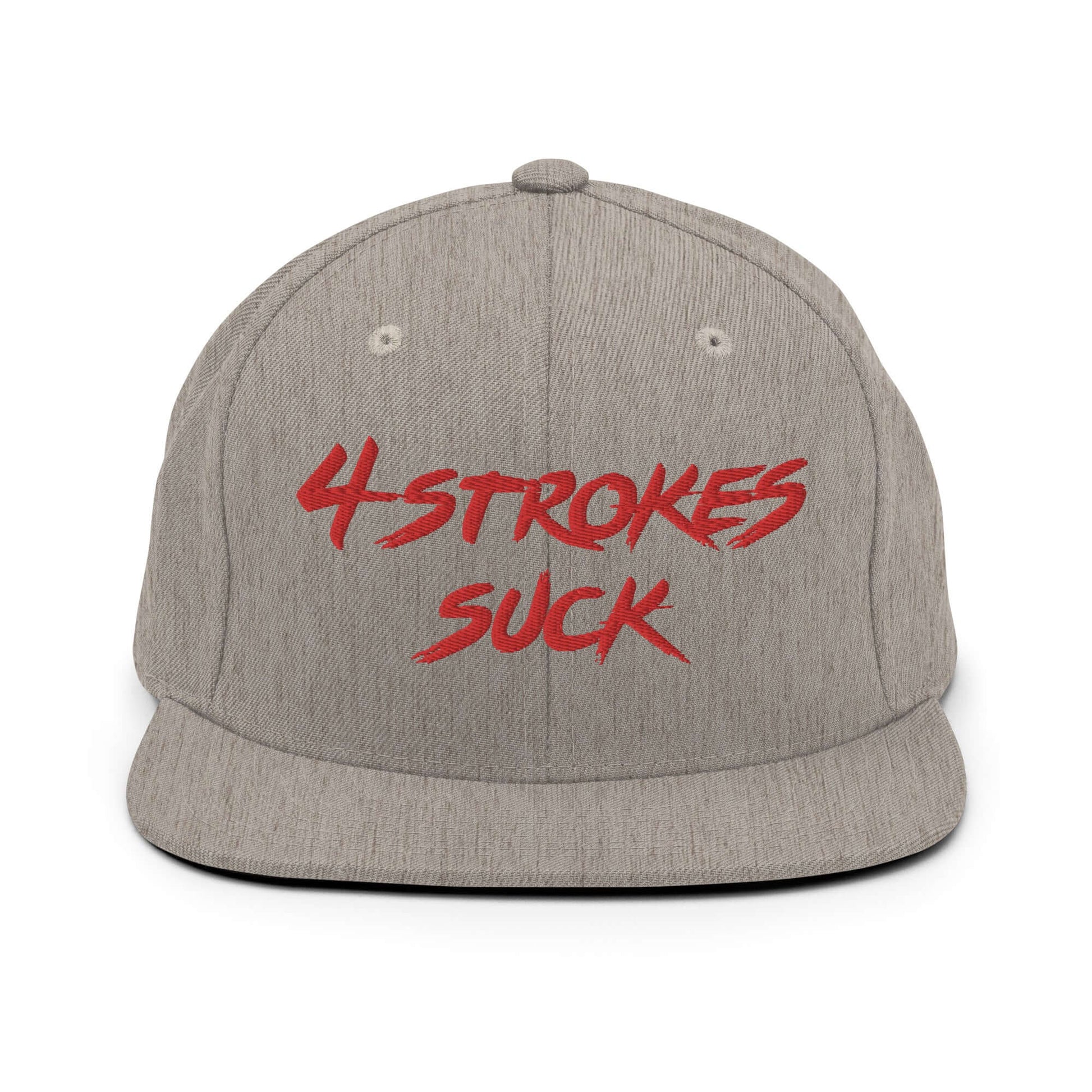 "4-Strokes Suck Embroidered Snapback Hat in gray with red lettering celebrating motocross lifestyle"