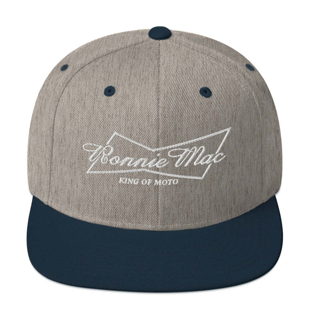 King of Moto Ronnie Mac embroidered snapback hat with flat brim in gray and black, perfect for motocross fans.