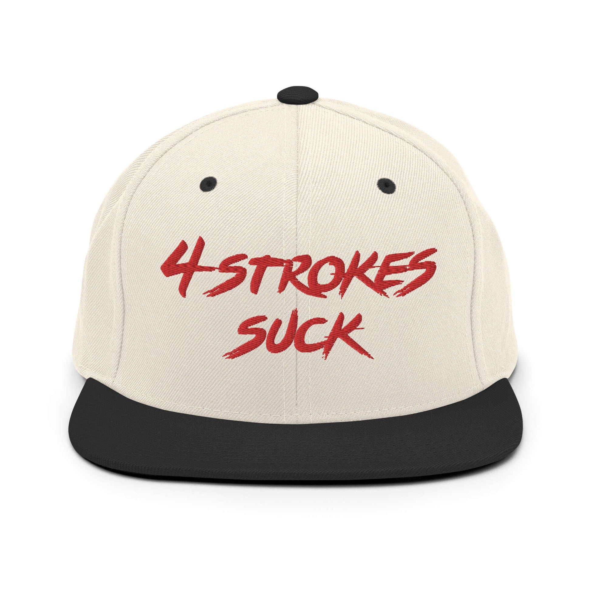 Embroidered snapback hat with "4-Strokes Suck" in red, celebrating motocross culture and Ronnie Mac lifestyle.