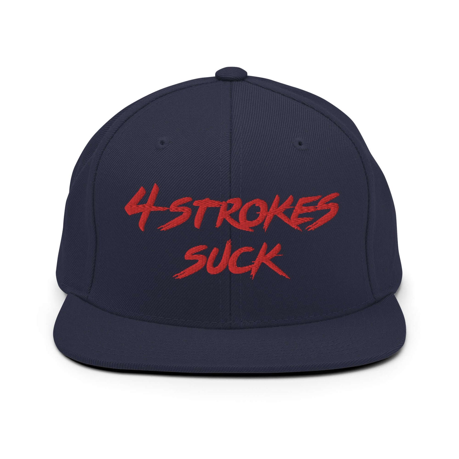 "4-Strokes Suck embroidered snapback hat in navy blue with red lettering, inspired by motocross lifestyle and Ronnie Mac."