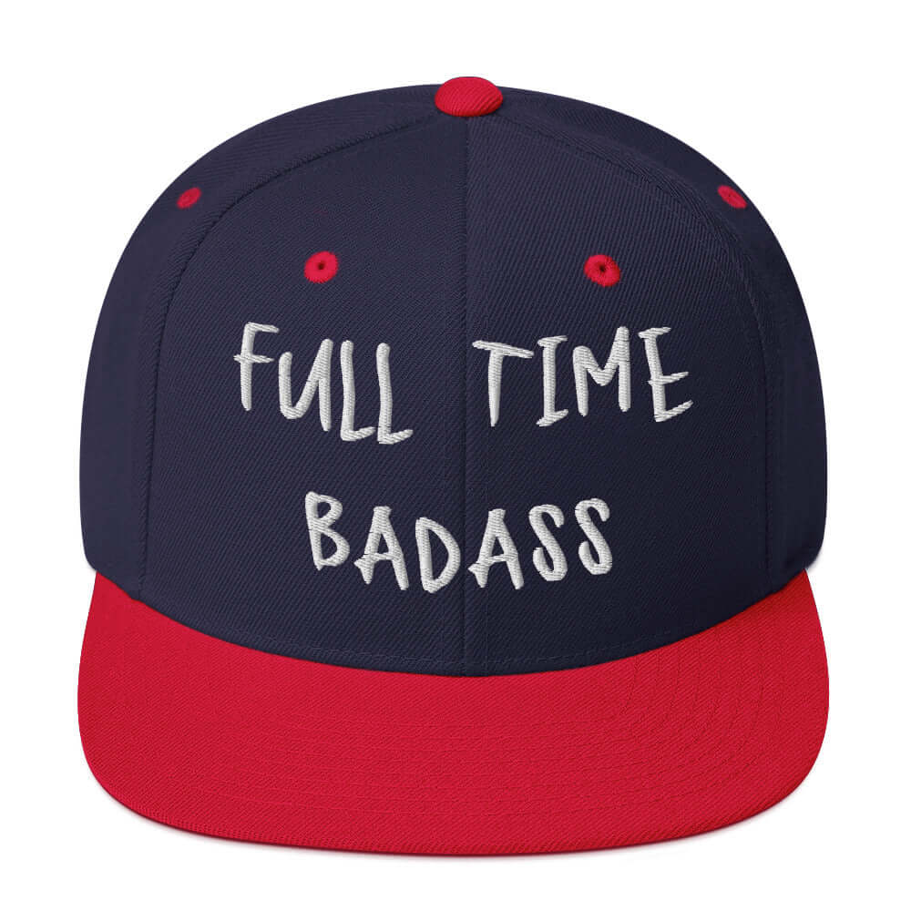 Front of RonnieMac Fulltime Badass Embroidered Snapback Hat (navy/red) -1