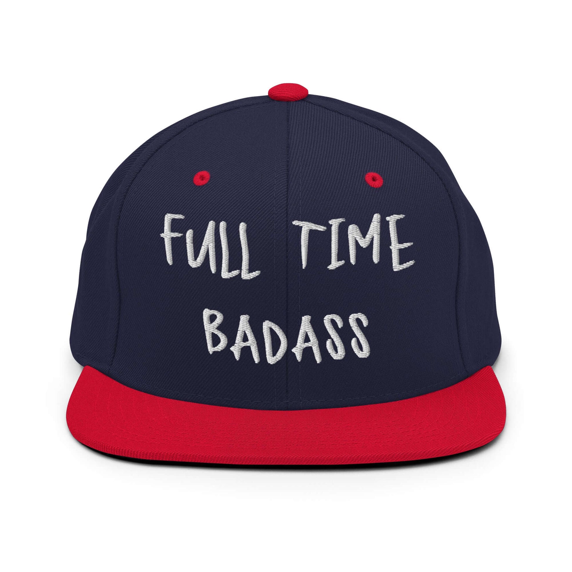 Front of RonnieMac Fulltime Badass Embroidered Snapback Hat (navy/red) -2