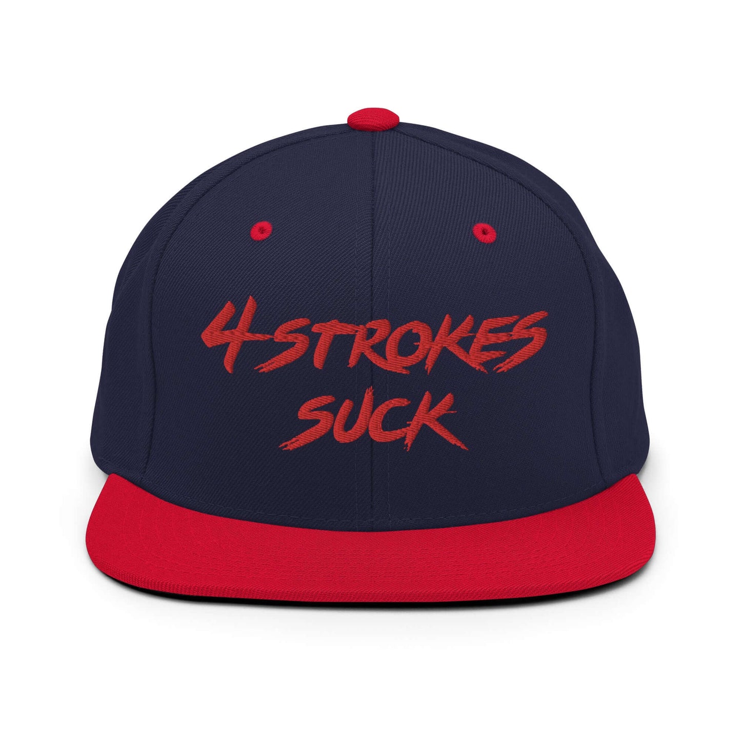 front of Ronnie Mac 4-Strokes Suck Embroidered Snapback Hat (Navy/Red) -1