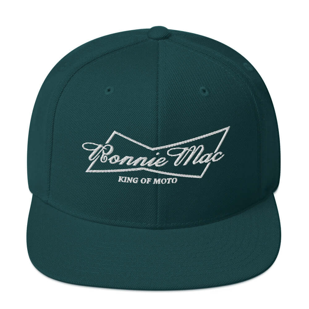 King of Moto Embroidered Snapback Hat in dark green with Ronnie Mac logo, perfect for motocross enthusiasts and fans.