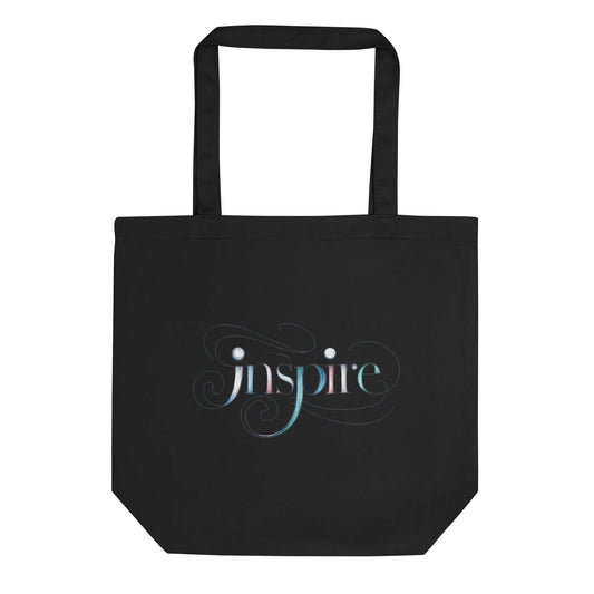 Inspire Sketch Eco Tote Bag featuring elegant word art design in flowing letters on a black background.