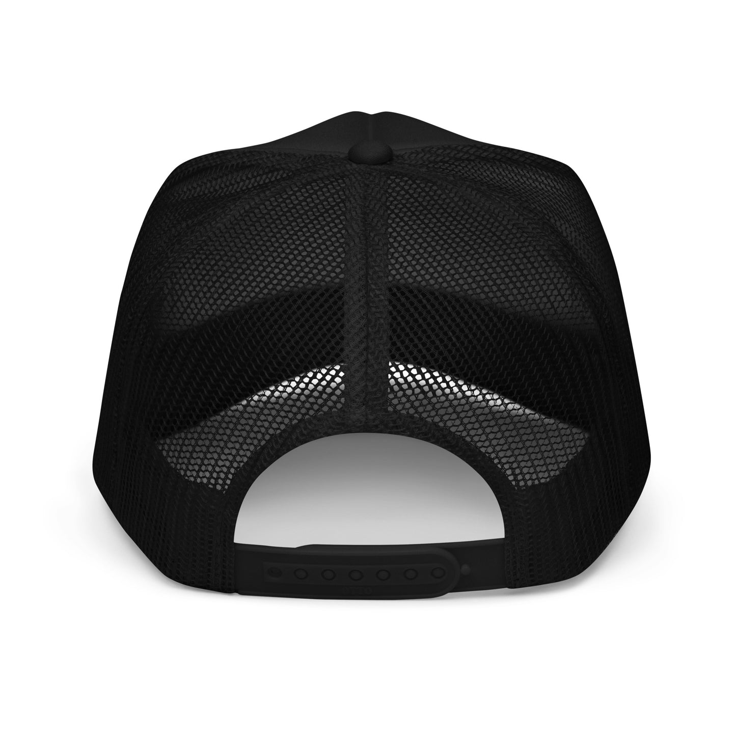 back of Ronnie Mac Ride Fast Foam Embroidered Trucker Hat (Black)