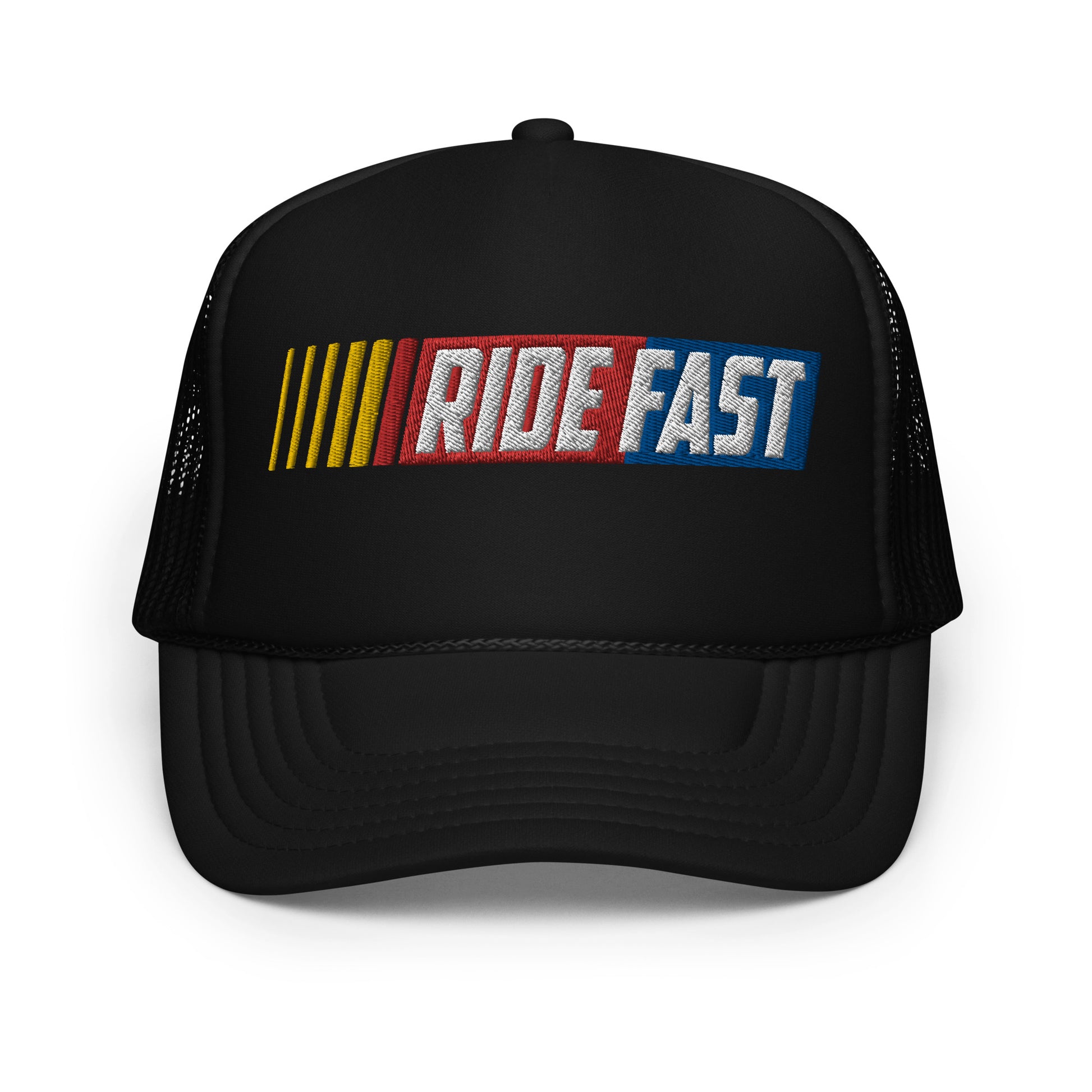 front of Ronnie Mac Ride Fast Foam Embroidered Trucker Hat (Black)