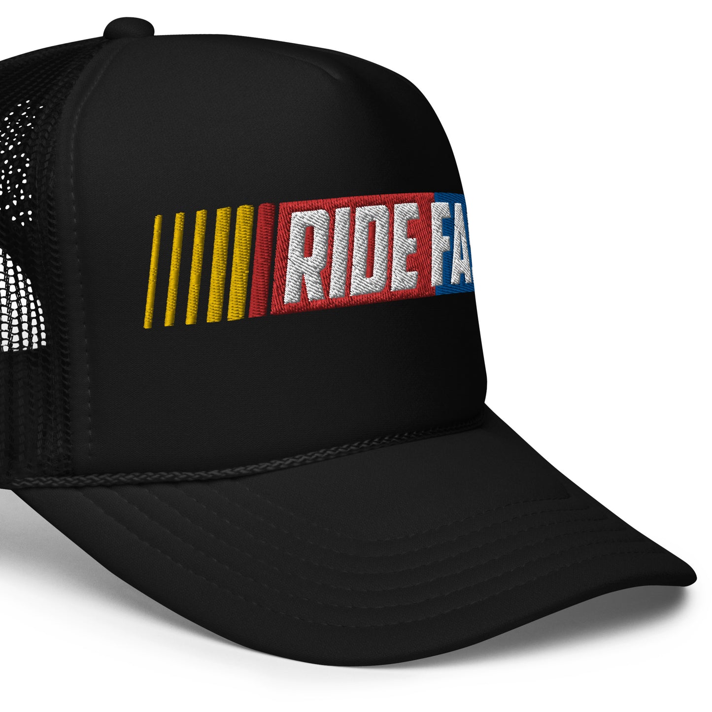 close up of Ronnie Mac Ride Fast Foam Embroidered Trucker Hat (Black)