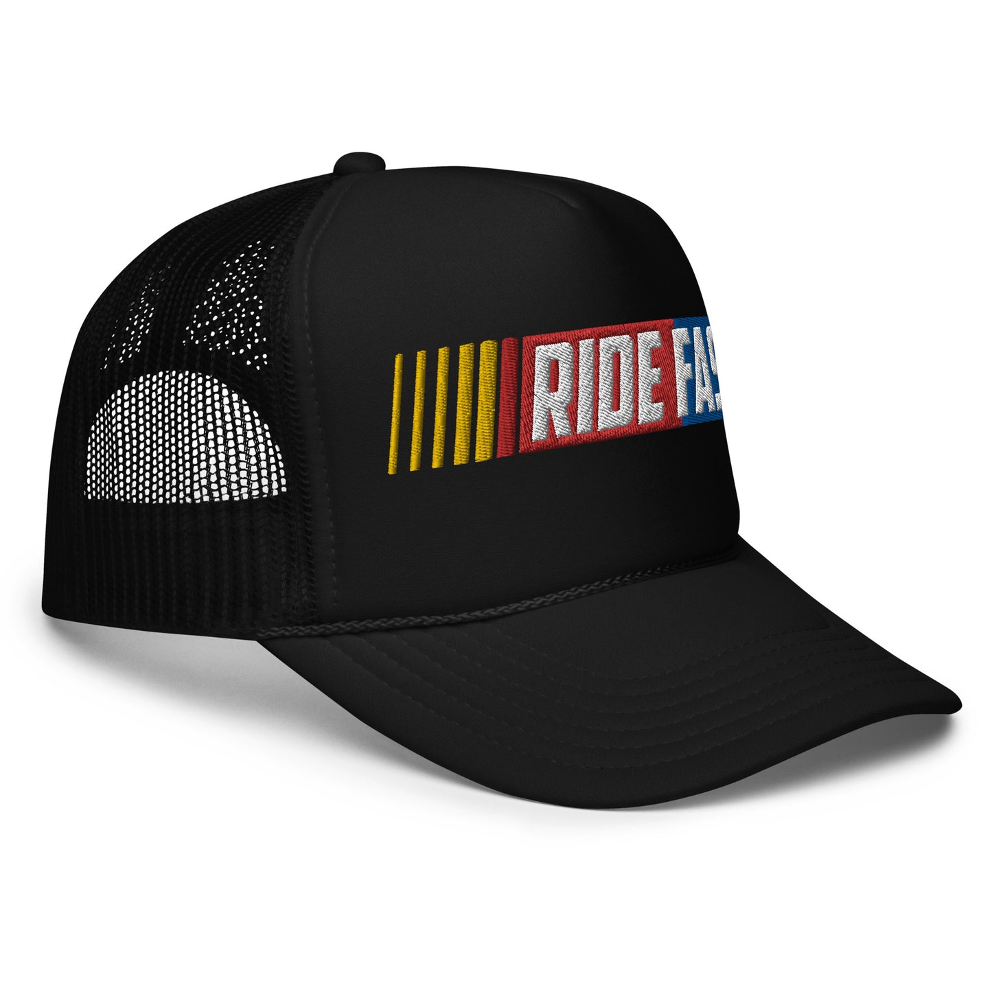 right side of Ronnie Mac Ride Fast Foam Embroidered Trucker Hat (Black)