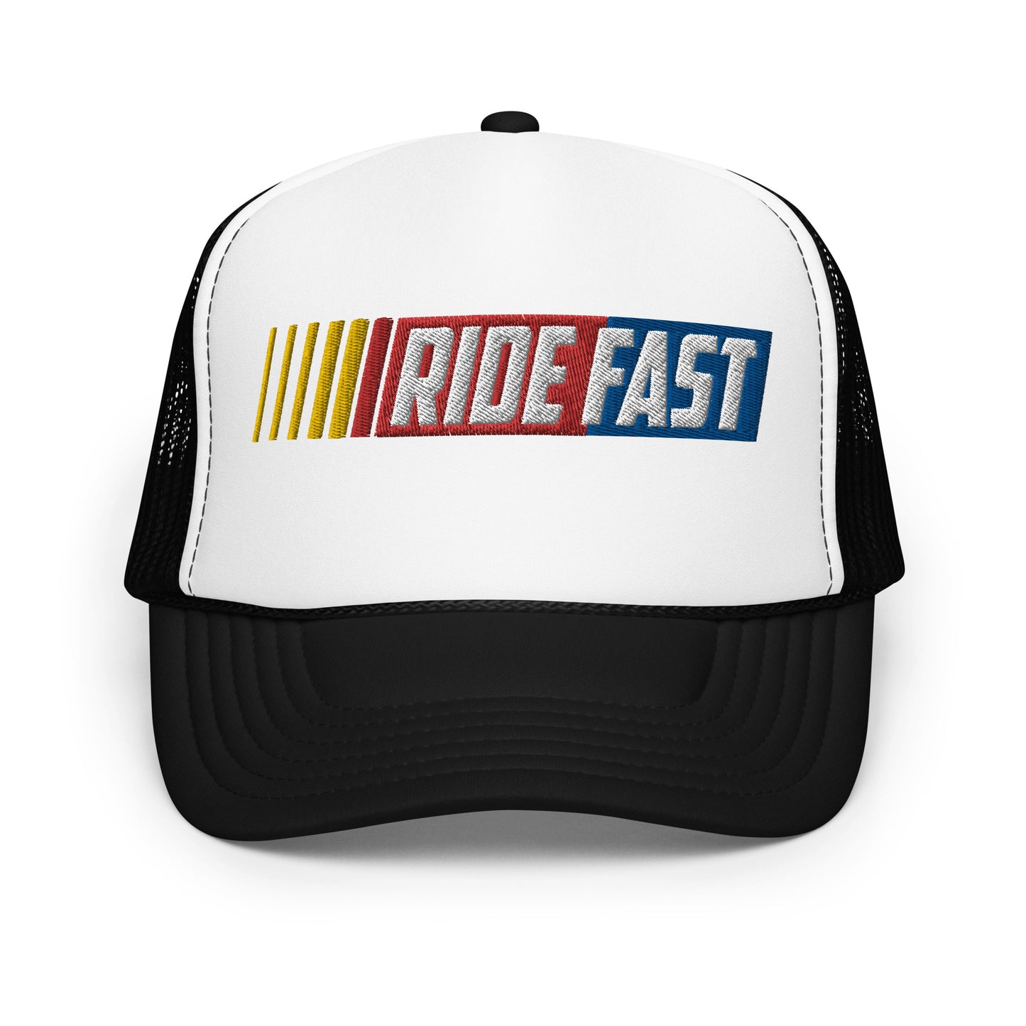 front of Ronnie Mac Ride Fast Foam Embroidered Trucker Hat (white/black)