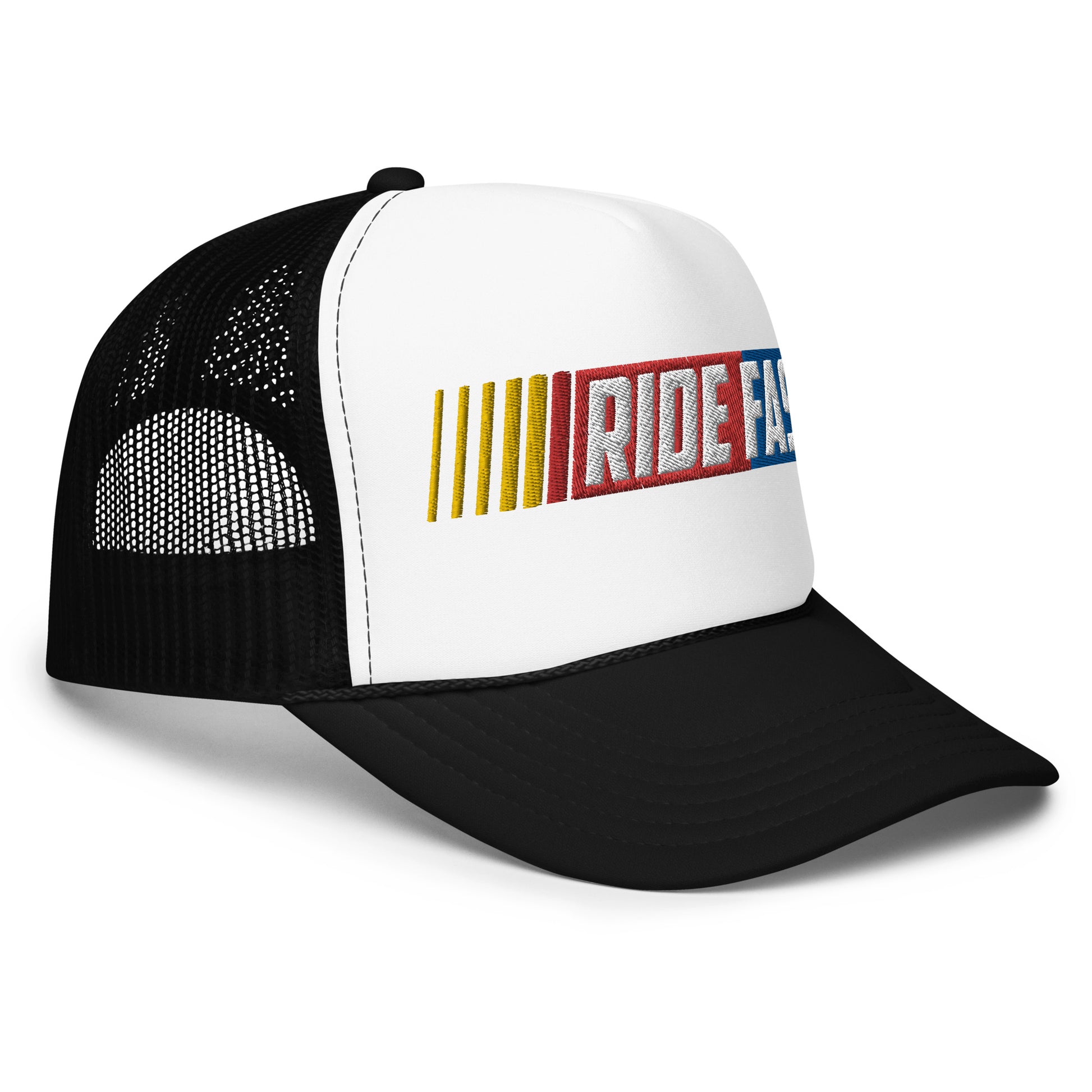 right side of Ronnie Mac Ride Fast Foam Embroidered Trucker Hat (white/black)