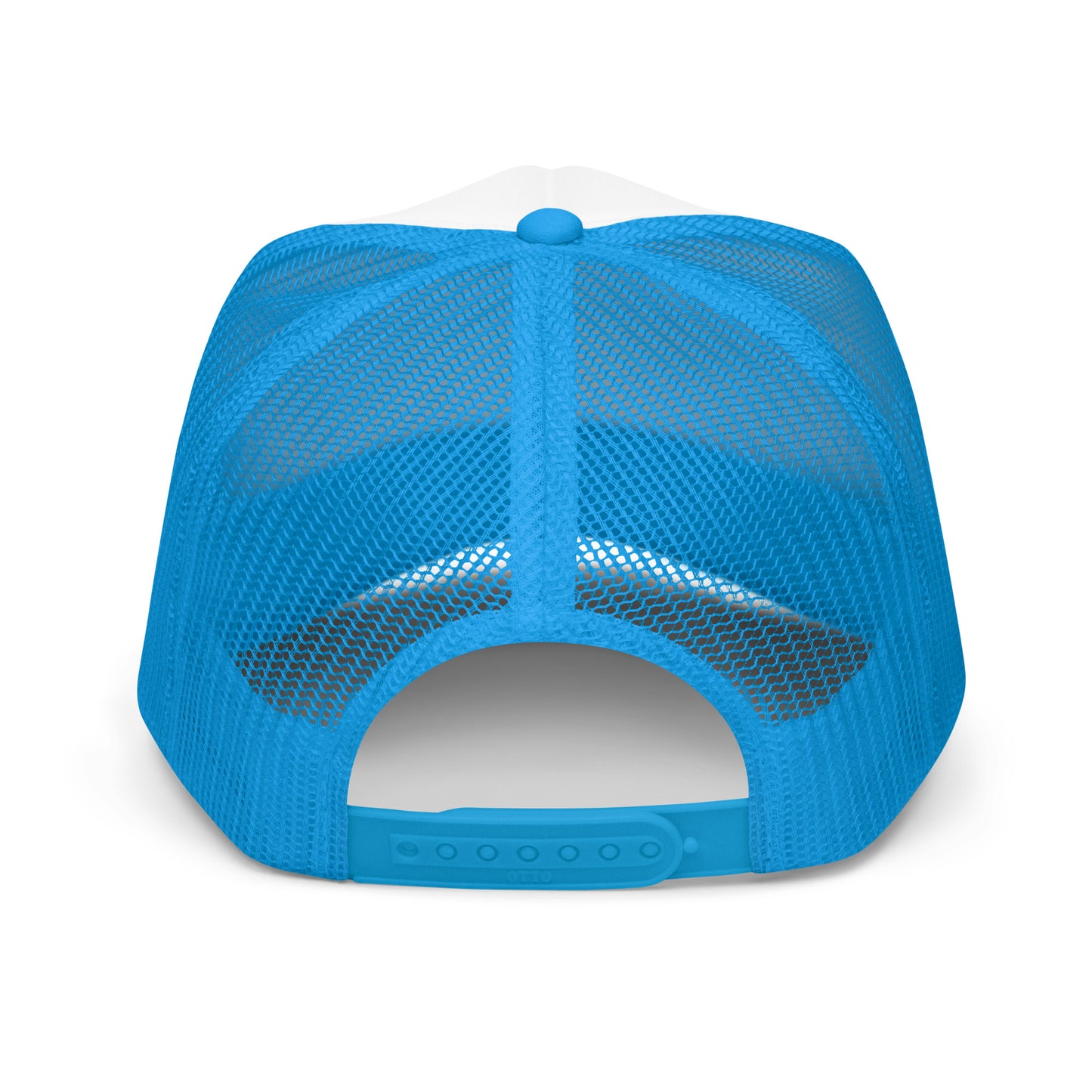 back of Ronnie Mac Ride Fast Foam Embroidered Trucker Hat (white/blue)