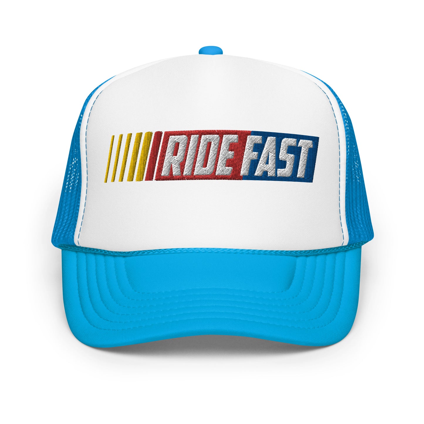 front of Ronnie Mac Ride Fast Foam Embroidered Trucker Hat (white/blue)