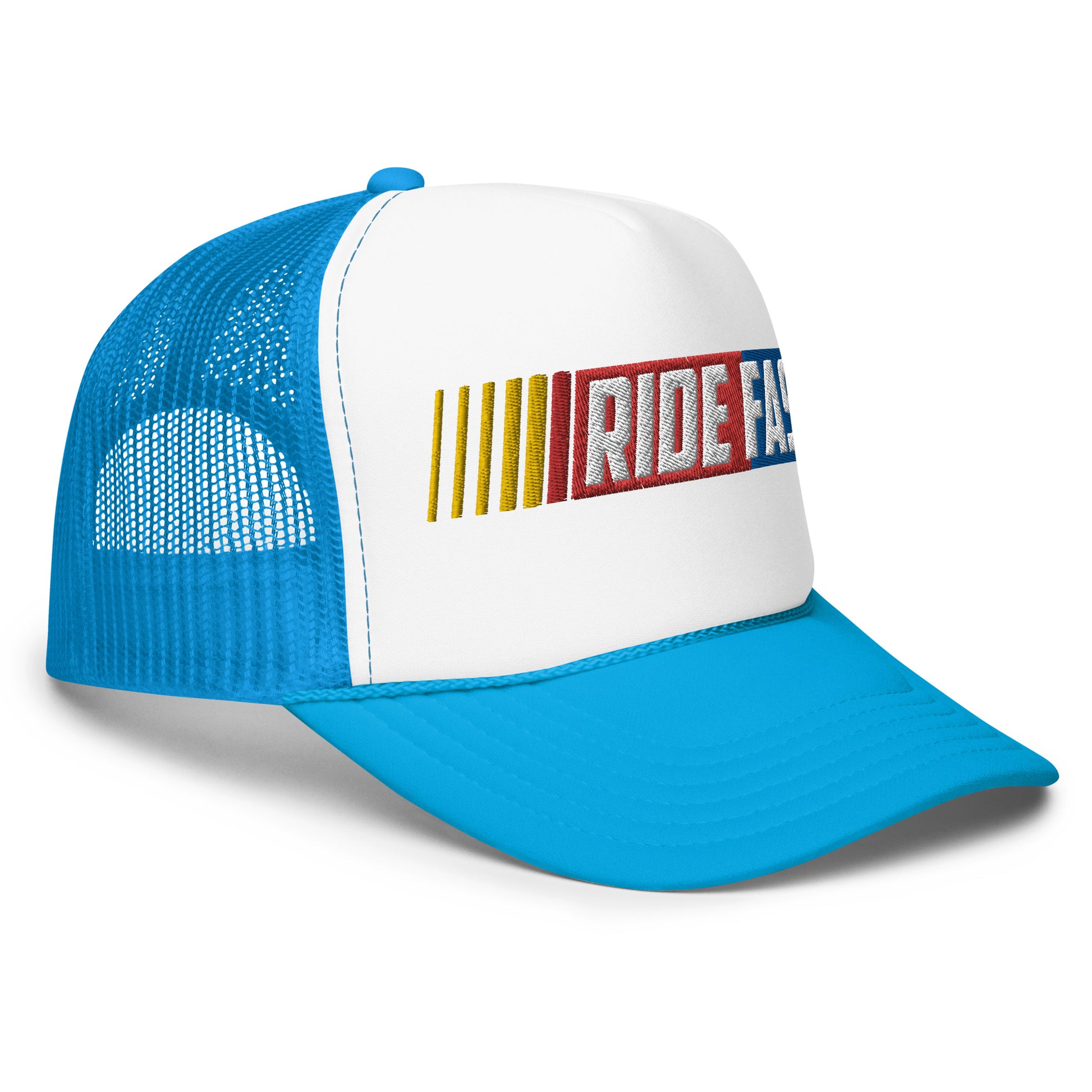 right side of Ronnie Mac Ride Fast Foam Embroidered Trucker Hat (white/blue)