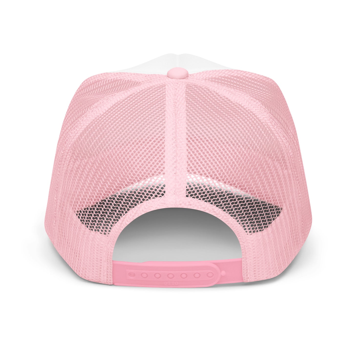 back of Ronnie Mac Ride Fast Foam Embroidered Trucker Hat (white/pink)