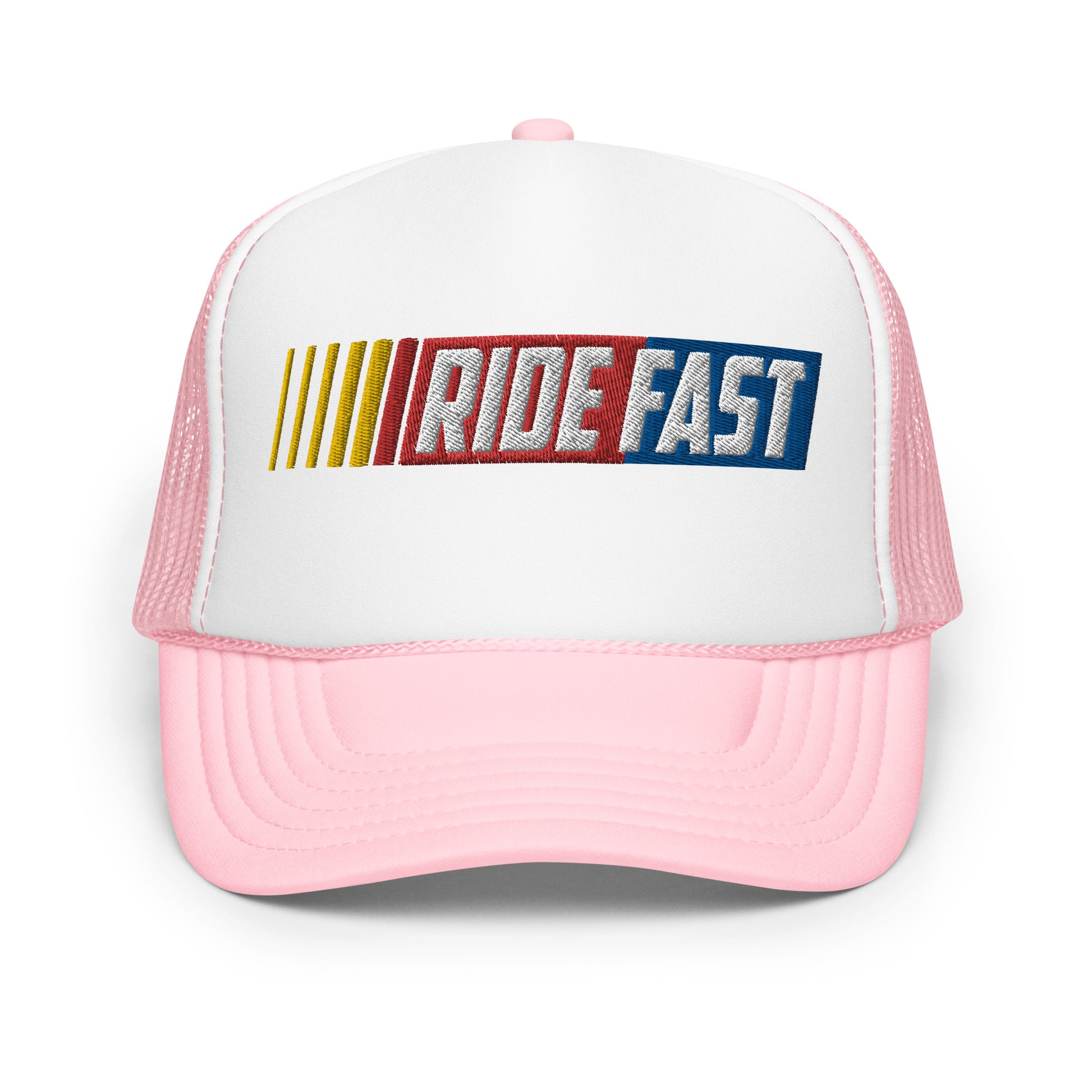 front of Ronnie Mac Ride Fast Foam Embroidered Trucker Hat (white/pink)