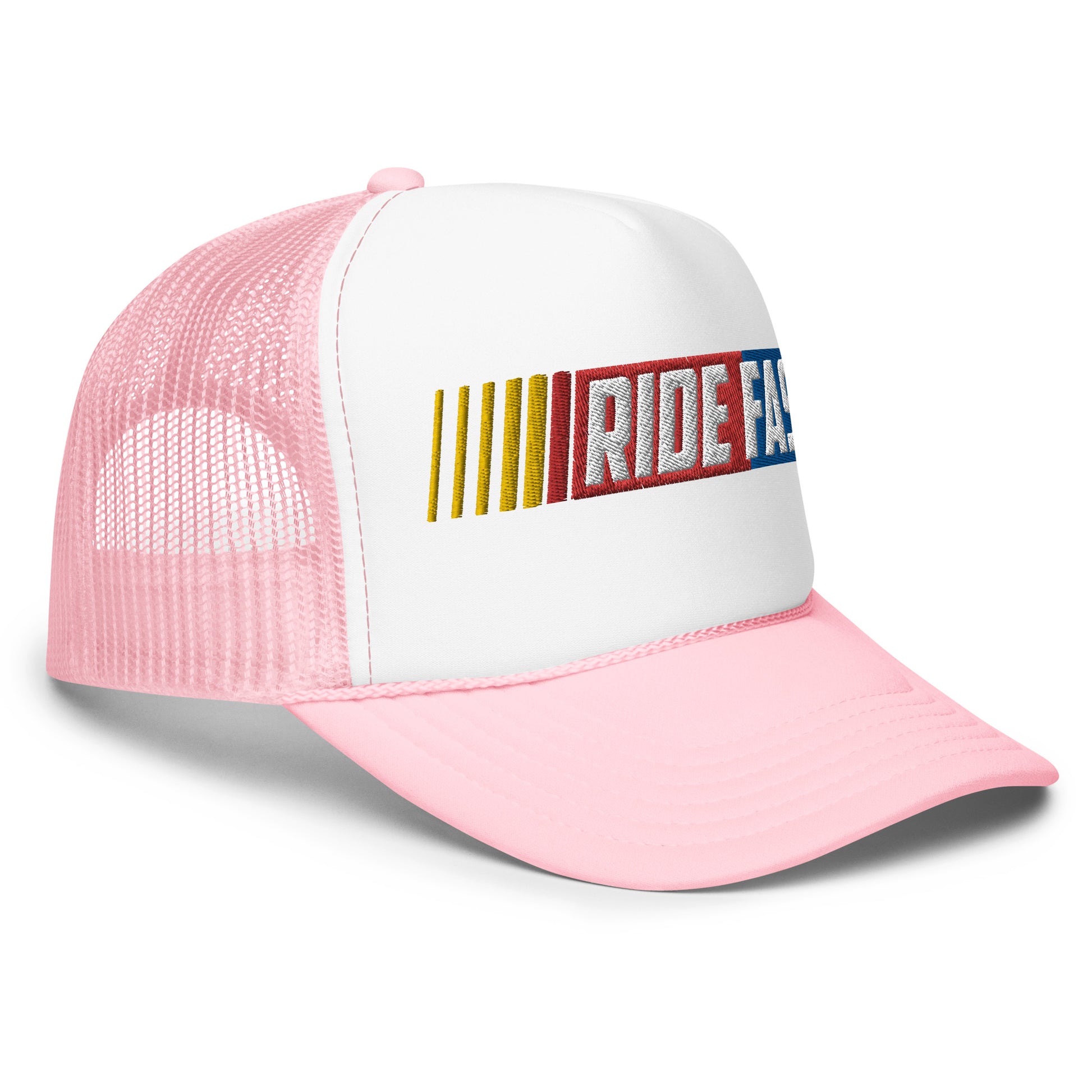 right side of Ronnie Mac Ride Fast Foam Embroidered Trucker Hat (white/pink)