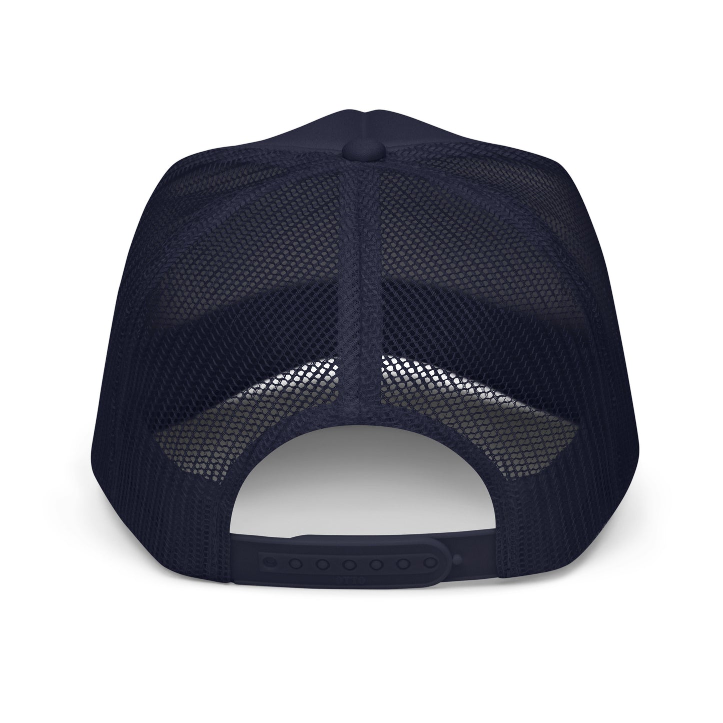 back of Ronnie Mac Ride Fast Foam Embroidered Trucker Hat (Navy)