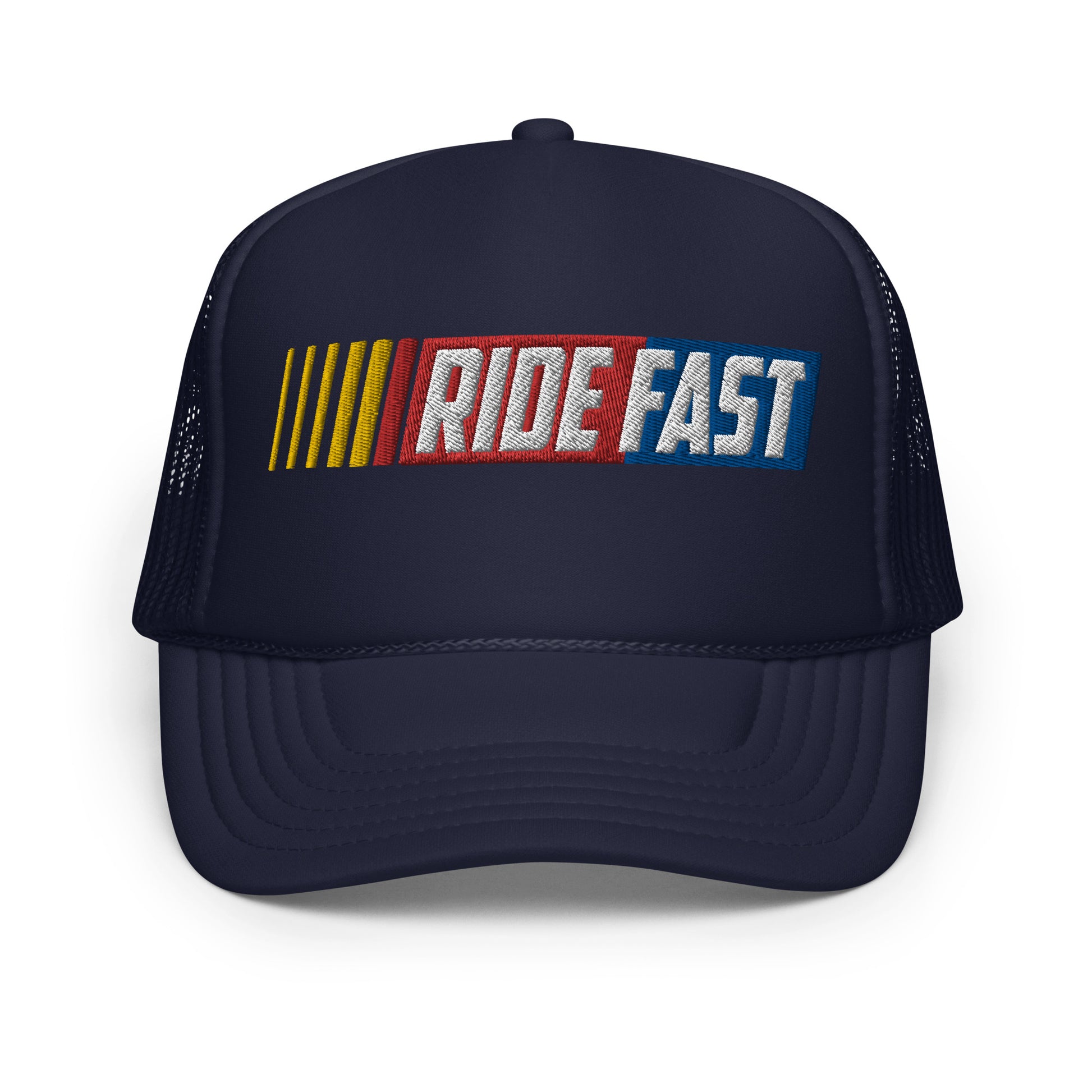 front of Ronnie Mac Ride Fast Foam Embroidered Trucker Hat (Navy)